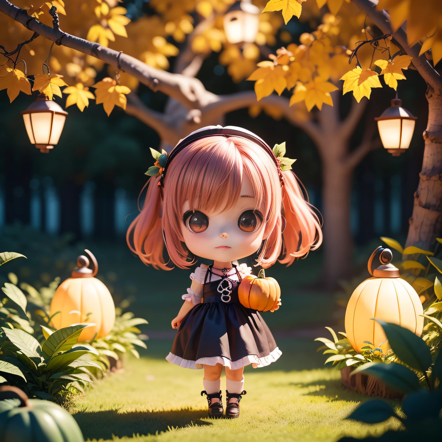 Cute Baby Chibi Anime,(((Chibi 3D))) (Best Quality) (Master Price)、Chibi Model、Black and purple dress、hairaccessories、Autumn in the fairytale forest、Lots of realistic pumpkins、In both hands、Have a retro lantern