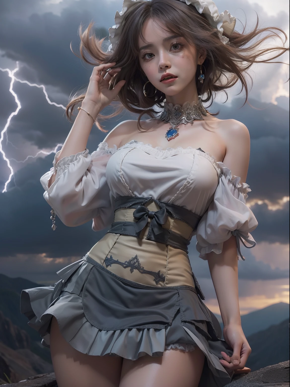 masutepiece, 8K,((Focus on the thighs)),High resolution whole body, surrealism, Cinematic lighting, god light,Layered processing (HD layers, People layer, Background image layer),f/4.0, kanon,(The face is super clear),hugefilesize,Shiny skin,Detailed skin,Detailed face, Detailed eyes, Goddess of the Storm,(Lolita dress miniskirt:1.5), At the top of a huge canyon, The wind was blowing violently, Hair similar to the color of wind and lightning, nakeness, Bare chest, No top, Show off , Storm vortex pendant, Lightning earrings, Dark clouds loom like a storm, A thunderous scene,(Sky thunder and lightning scattered together),