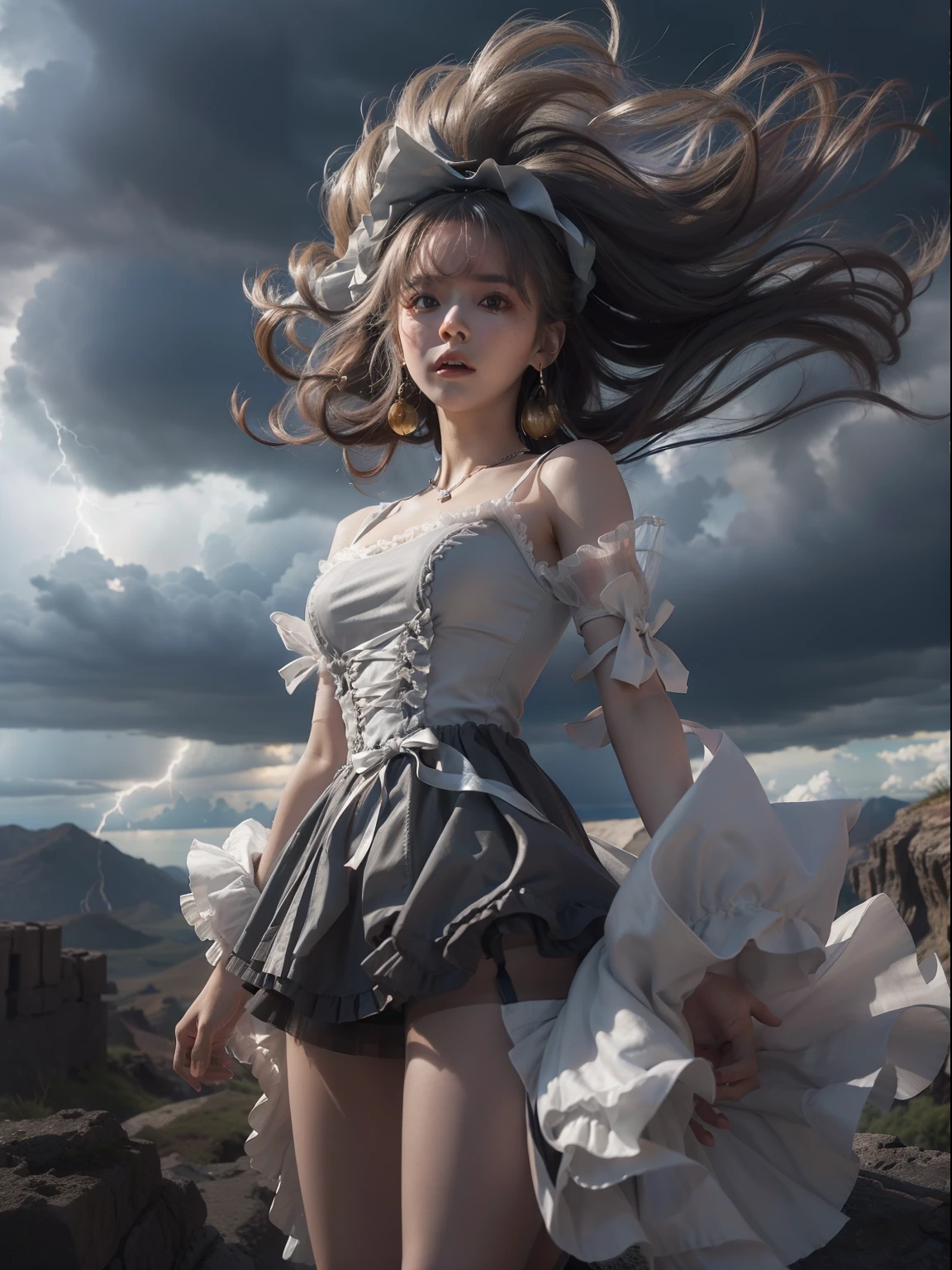 masutepiece,offcial art, Unity 8k wallpaper, Ultra detailed, Beautiful and aesthetic, Beautiful, Masterpiece, Best quality, (zentangle, mandalas, Tangled, entangle), 8K,((Focus on the thighs))，High resolution whole body, surrealism, Cinematic lighting, god light,Layered processing (HD layers, People layer， Background image layer)，f/4.0, kanon，(The face is super clear)，hugefilesize，Shiny skin,Detailed skin,Detailed face, Detailed eyes, Goddess of the Storm,(Lolita dress miniskirt:1.5)， At the top of a huge canyon, (The wind was blowing violently), Hair similar to the color of wind and lightning, nakeness, Bare chest, No top, Show off , (Storm vortex pendant, Lightning earrings, Dark clouds loom like a storm, A thunderous scene，Sky thunder and lightning scattered together)，