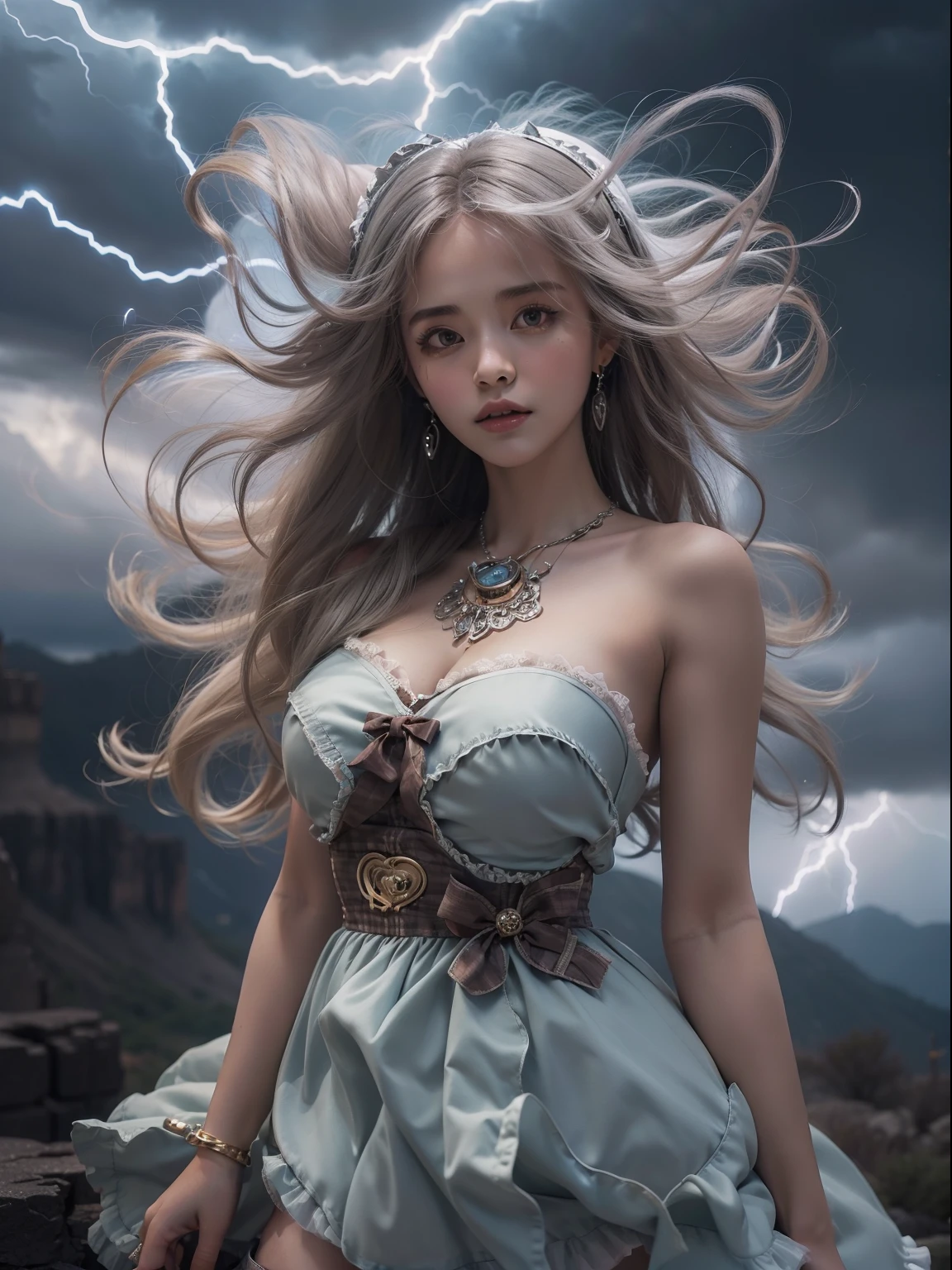 masutepiece, 8K,((Focus on the thighs))，High resolution whole body, surrealism, Cinematic lighting, god light,Layered processing (HD layers, People layer， Background image layer)，f/4.0, kanon，(The face is super clear)，hugefilesize，Shiny skin,Detailed skin,Detailed face, Detailed eyes, Goddess of the Storm,(ta dress miniskirt:1.5)， At the top of a huge canyon, The wind was blowing violently, Hair similar to the color of wind and lightning, nakeness, Bare chest, No top, Show off , Storm vortex pendant, Lightning earrings, Dark clouds loom like a storm, A thunderous scene，(Sky thunder and lightning scattered together)，