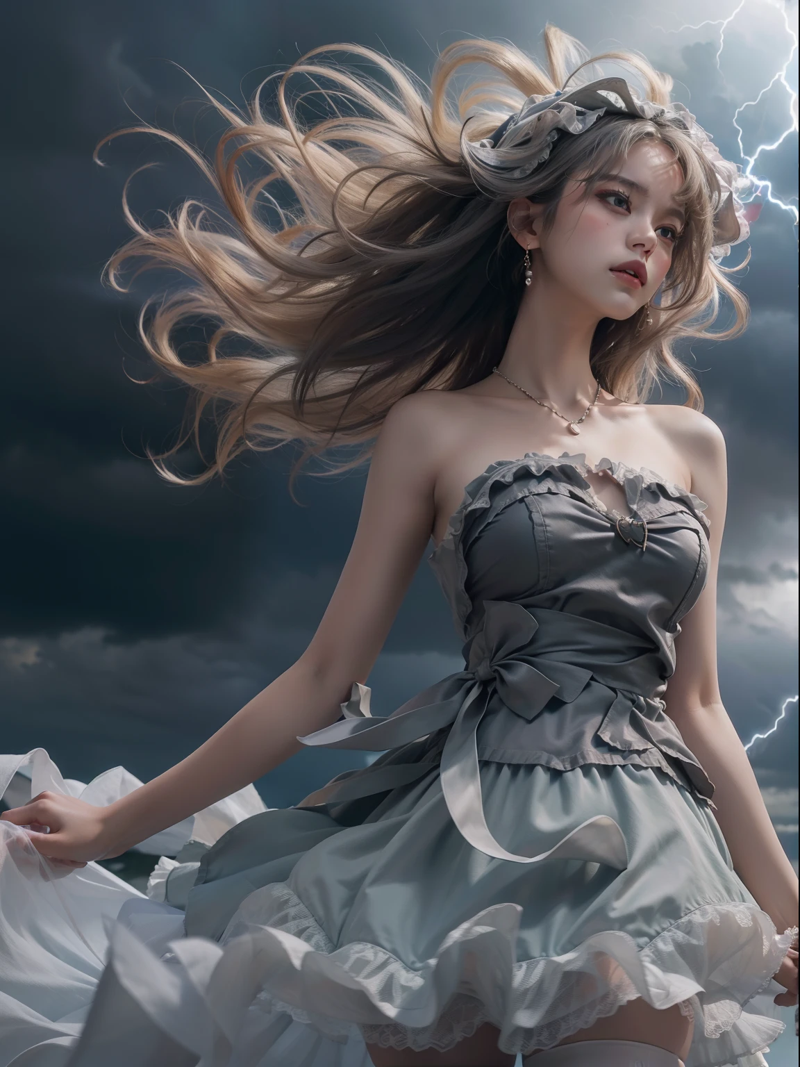masutepiece, 8K,((Focus on the thighs)),High resolution whole body, surrealism, Cinematic lighting, god light,Layered processing (HD layers, People layer, Background image layer),f/4.0, kanon,(The face is super clear),hugefilesize,Shiny skin,Detailed skin,Detailed face, Detailed eyes, Goddess of the Storm,(Lolita dress miniskirt:1.5), At the top of a huge canyon, The wind was blowing violently, Hair similar to the color of wind and lightning, nakeness, Bare chest, No top, Show off , Storm vortex pendant, Lightning earrings, Dark clouds loom like a storm, A thunderous scene,(Sky thunder and lightning scattered together),