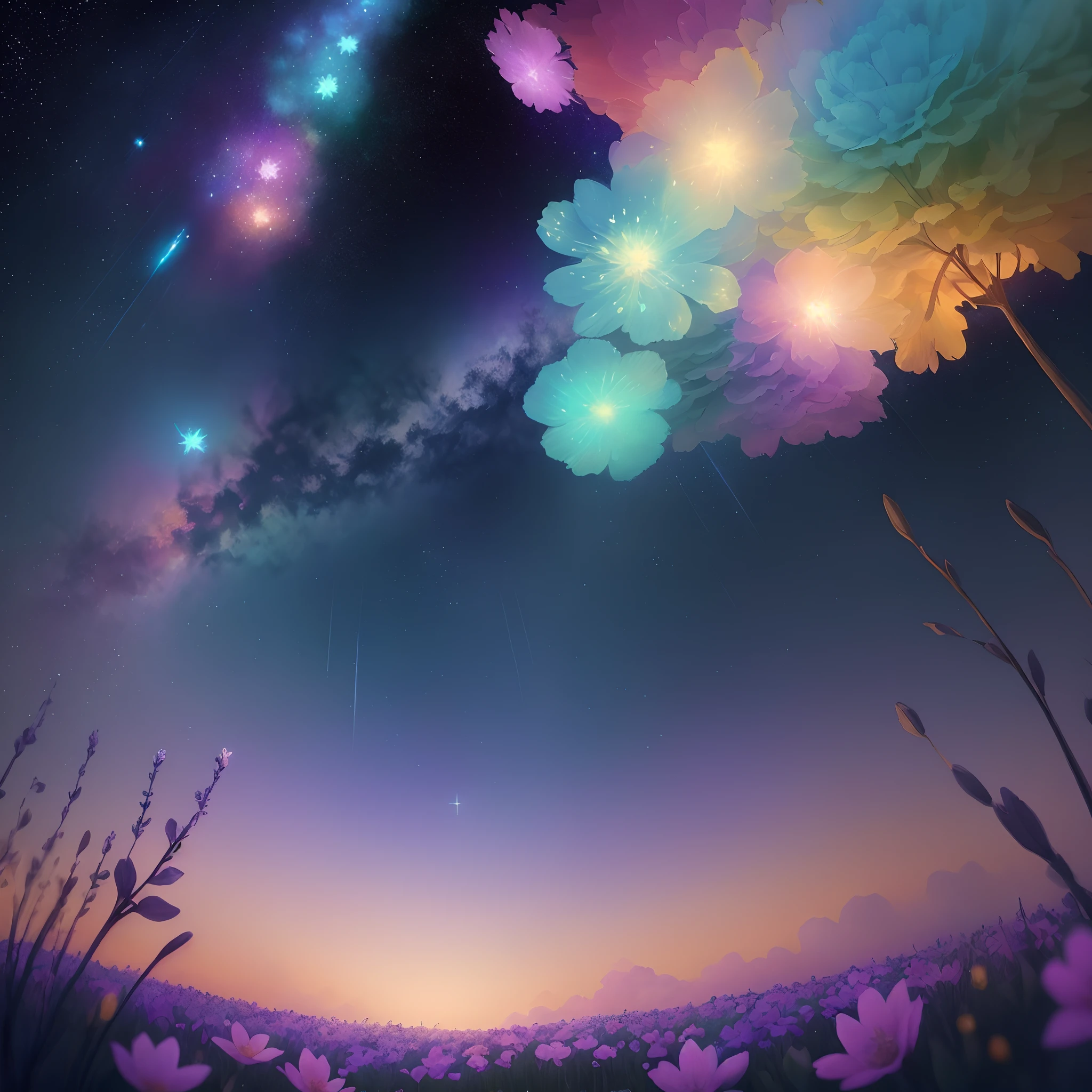 appearance々Beautiful flowers, Cartoon Illustration, Sky with twinkling stars and bright color gradient. Immerse yourself in a mysterious world full of magical elements (Weighting by 0.9).Lighten the cosmos a little.