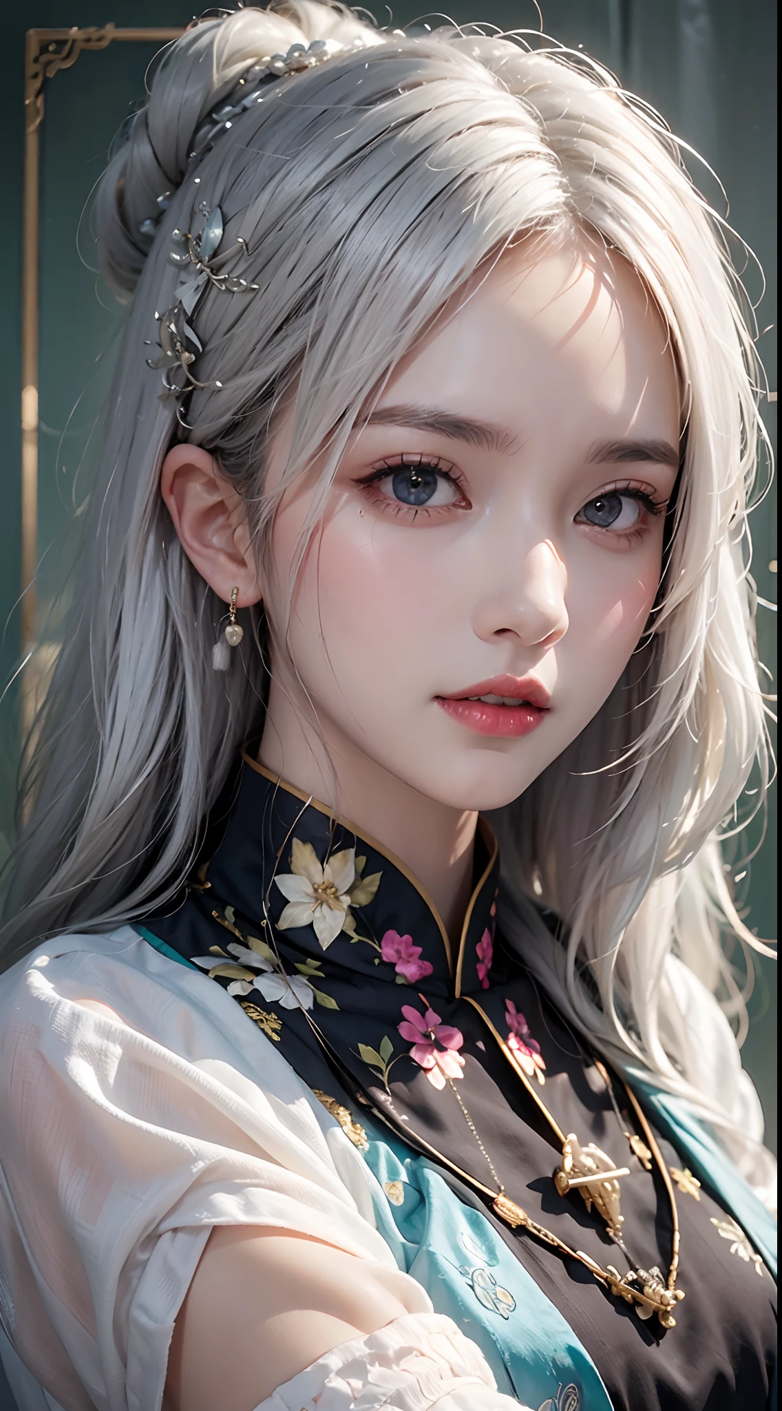 photorealistic, high resolution, soft light,1women, solo, hips up, (detailed face), jewelry, hanfu, white hair