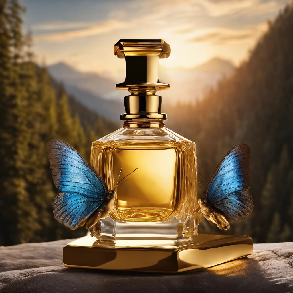 There is a bottle of perfume in the middle of the mountains,glass bottle,Gold crystal clear,refractions,Liquid gold,High-end quality,ln the forest,Quiet,relaxing,rays of sunshine,rios,High hills,There is a cute little bird,Two blue butterflies dancing with streamers