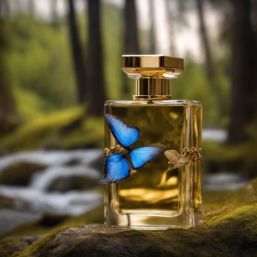 There is a bottle of perfume in the middle of the mountains，glass bottle，Gold crystal clear，refractions，Liquid gold，High-end quality，ln the forest，Quiet，relaxing，rays of sunshine，rios，High hills，There is a cute little bird，Two blue butterflies dancing with streamers