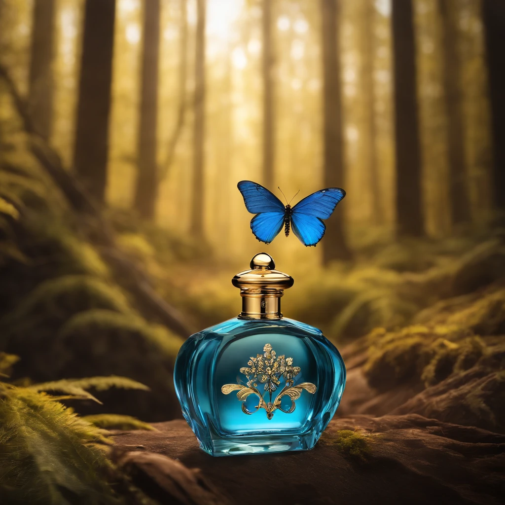 There is a bottle of perfume in the middle of the mountains,glass bottle,Gold crystal clear,refractions,Liquid gold,High-end quality,ln the forest,Quiet,relaxing,rays of sunshine,rios,High hills,There is a cute little bird,Two blue butterflies dancing with streamers