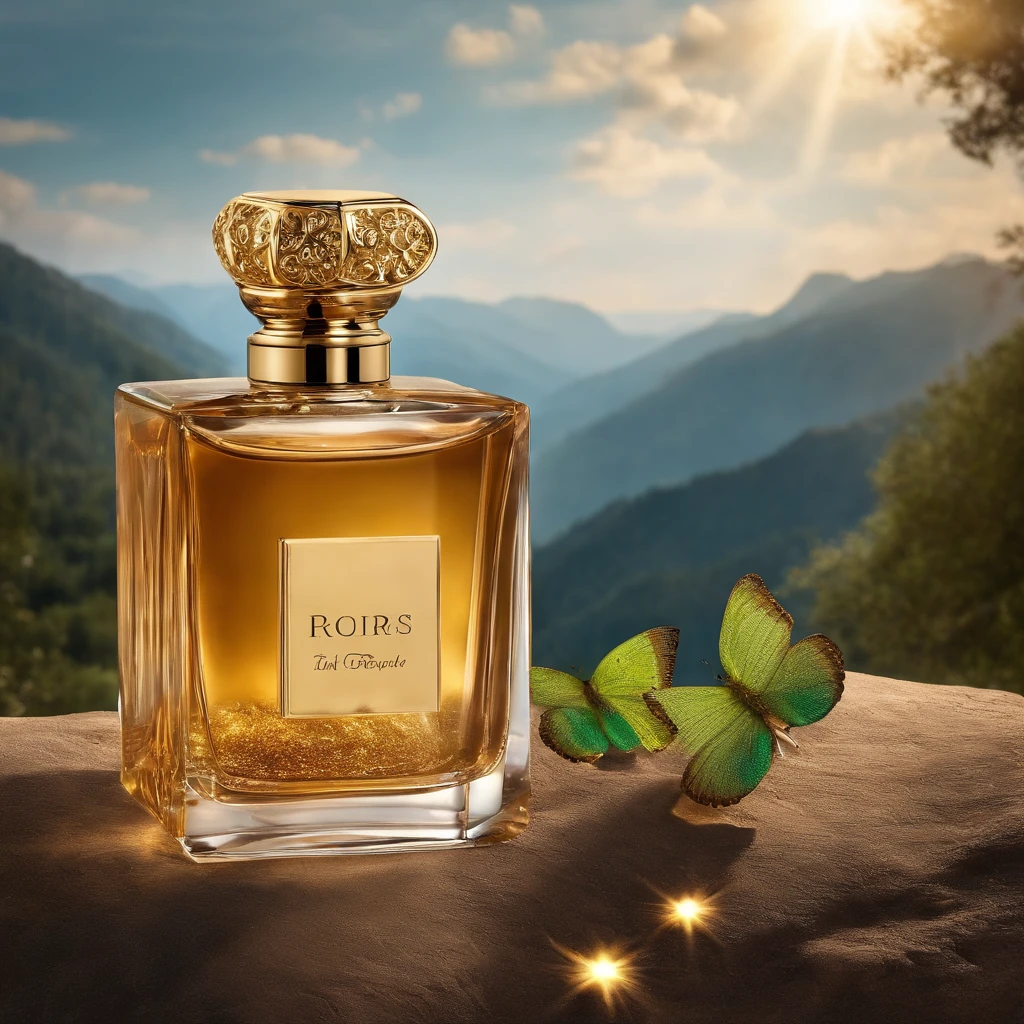 There is a bottle of perfume in the middle of the mountains,glass bottle,Gold crystal clear,refractions,Liquid gold,High-end quality,ln the forest,Quiet,relaxing,rays of sunshine,rios,High hills,There is a cute little bird,Two blue butterflies dancing with streamers