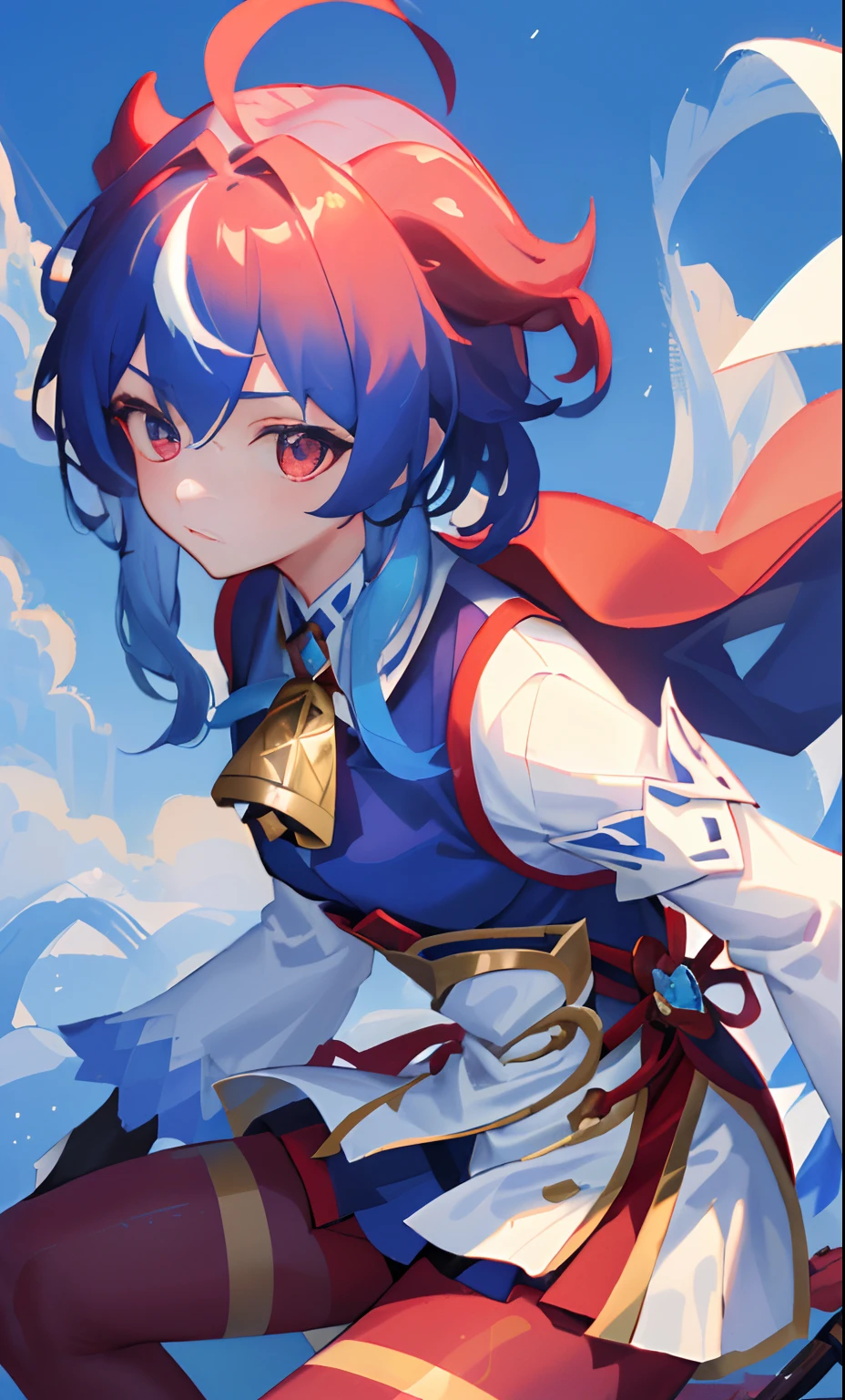 ((tmasterpiece,4k wallpaper,best qualtiy))ganyudef, Be red in the face, In the daytime, simple backgound, blue-sky, short detailed hair, Moody light,light blue hair,light particules,Blue Themes,Busty body,face expressionless,Brilliant,smooth thigh