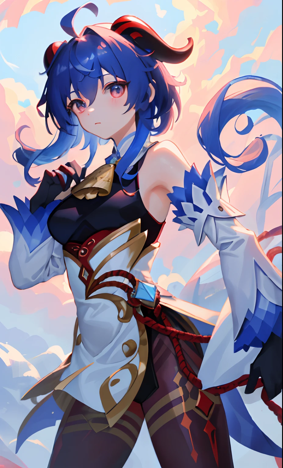 ((tmasterpiece，4k wallpaper，best qualtiy))ganyudef,  Be red in the face,  In the daytime, simple backgound, blue-sky, short detailed hair,  Moody light,light blue  hair，light particules，Blue Themes，Busty body，face expressionless，Brilliant，smooth thigh