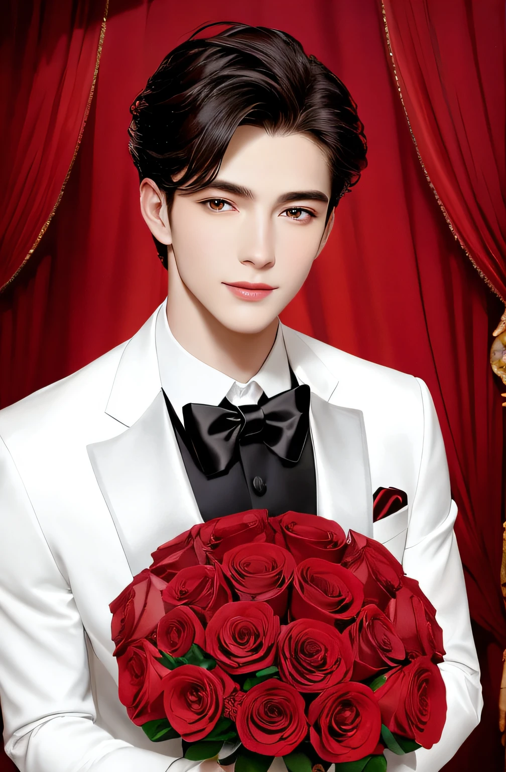 elegant young man, red and white roses, sophisticated bouquet, stylish attire, charming smile, romantic lighting, artistic portrait, vibrant colors, detailed facial features, glossy hair, graceful pose, exquisite textures, professional photography lighting, high-resolution masterpiece, classic black suit, chic boutonniere, carefully arranged flowers, immaculate background, captivating gaze, gentle hands, timeless elegance