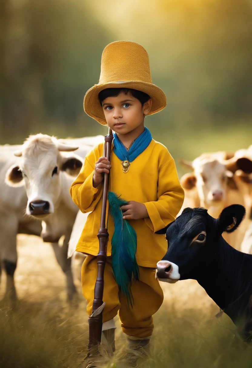 cute little boy toy blue eyes black hair on the head Peacock feather playing the flute wearing yellow clothes near by cows