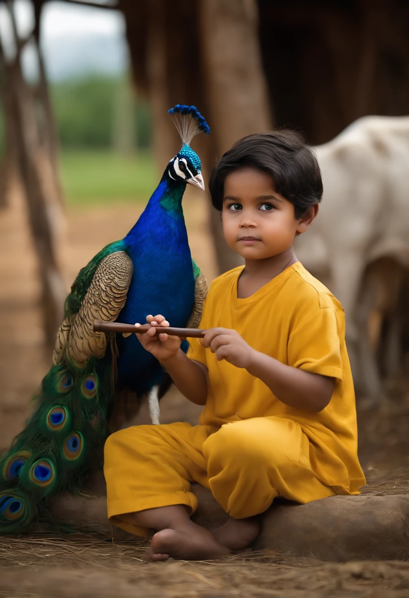 cute little boy toy blue eyes black hair on the head Peacock feather playing the flute wearing yellow clothes near by cows