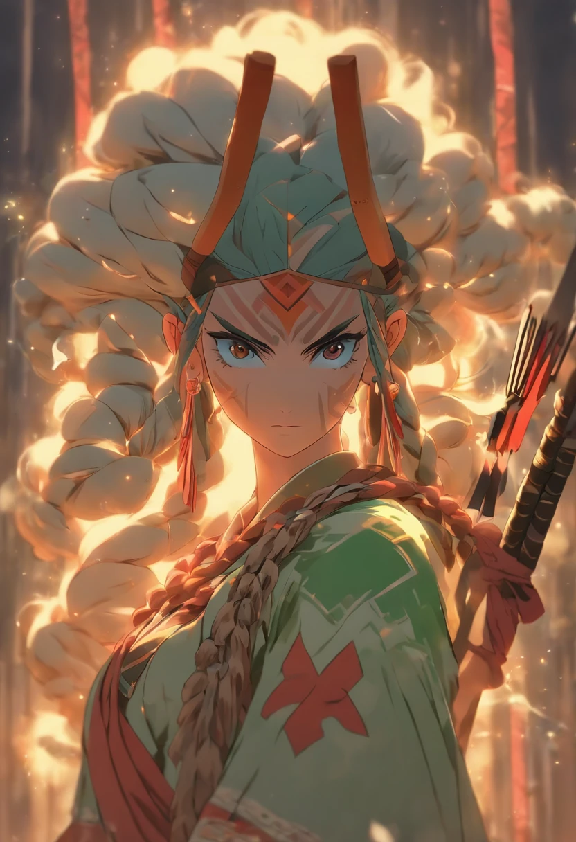 Ancient female leader with bow and arrow,There are animal bones on the head,Wear hides and clothing,Rough skin,There is a totem on the body,cloth shoes,There is jade around the waist,Realisticstyle,gray clothes,whole body picture