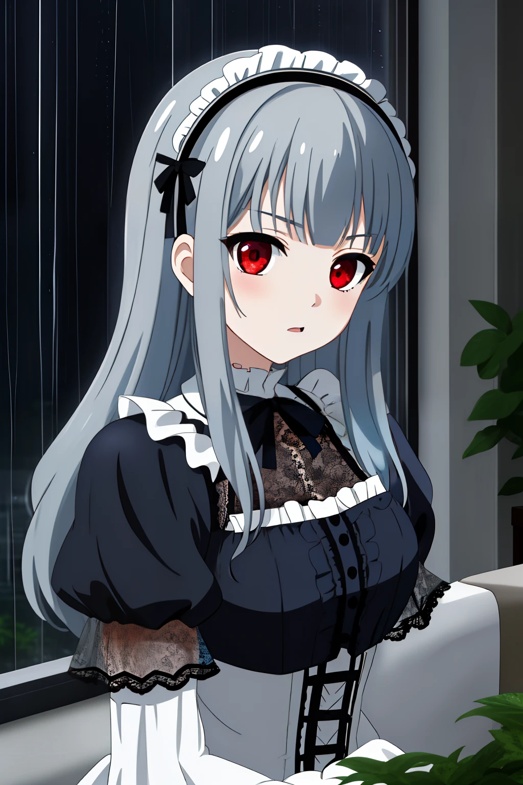 1girl,frill gothic lolita, dress, (lace:1.4),dynamic pose,(face close up:0.9),indoors,plants,silver blue hair,red eyes,rainy season,rain detail,night view