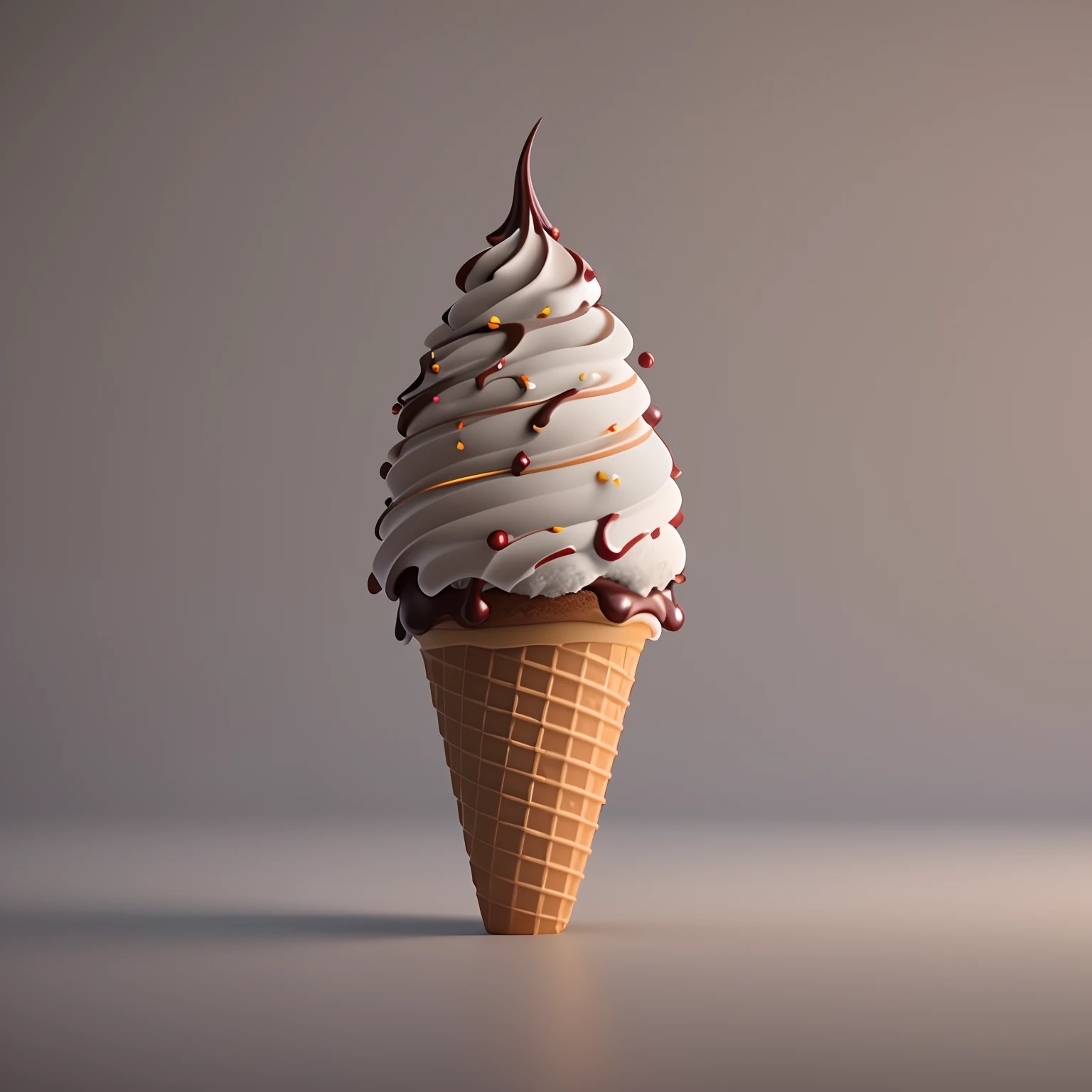 There was a chocolate ice cream cone,There is a chocolate swirl on it, ice cream cones, Rendered in Cinema4D, rendered in cinema 4 d, rendered in keyshot, rendered in cinema 4 d octane, ice cream, super realistic food picture, cinema 4d render, cinema 4 d render, rendered in corona, cinema4d render, Rendered in V-Ray
