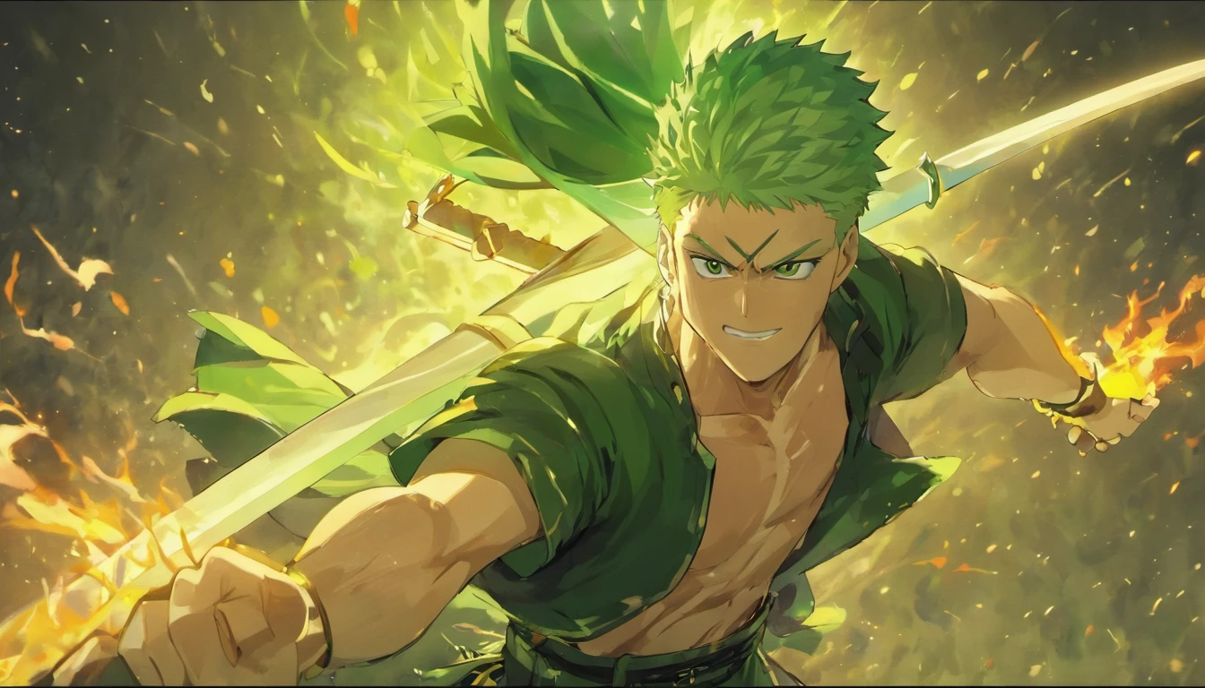 Roronoa Zoro, with swords, male, strong, intricate, high quality, 1man, white shirt, Wano_Style, anime