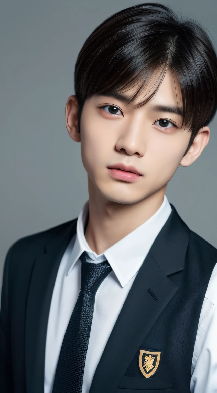 1 boy、Adonis、short-haired、Black hair with gold mesh、top-quality、masterpiece、超A high resolution、Raw foto、One Man in the World、Detailed facial texture、student clothes、High school students、Japan Boys、a cool、An ultra-high picture quality、Skysky、neck tie、School、male people、ember、a cool、