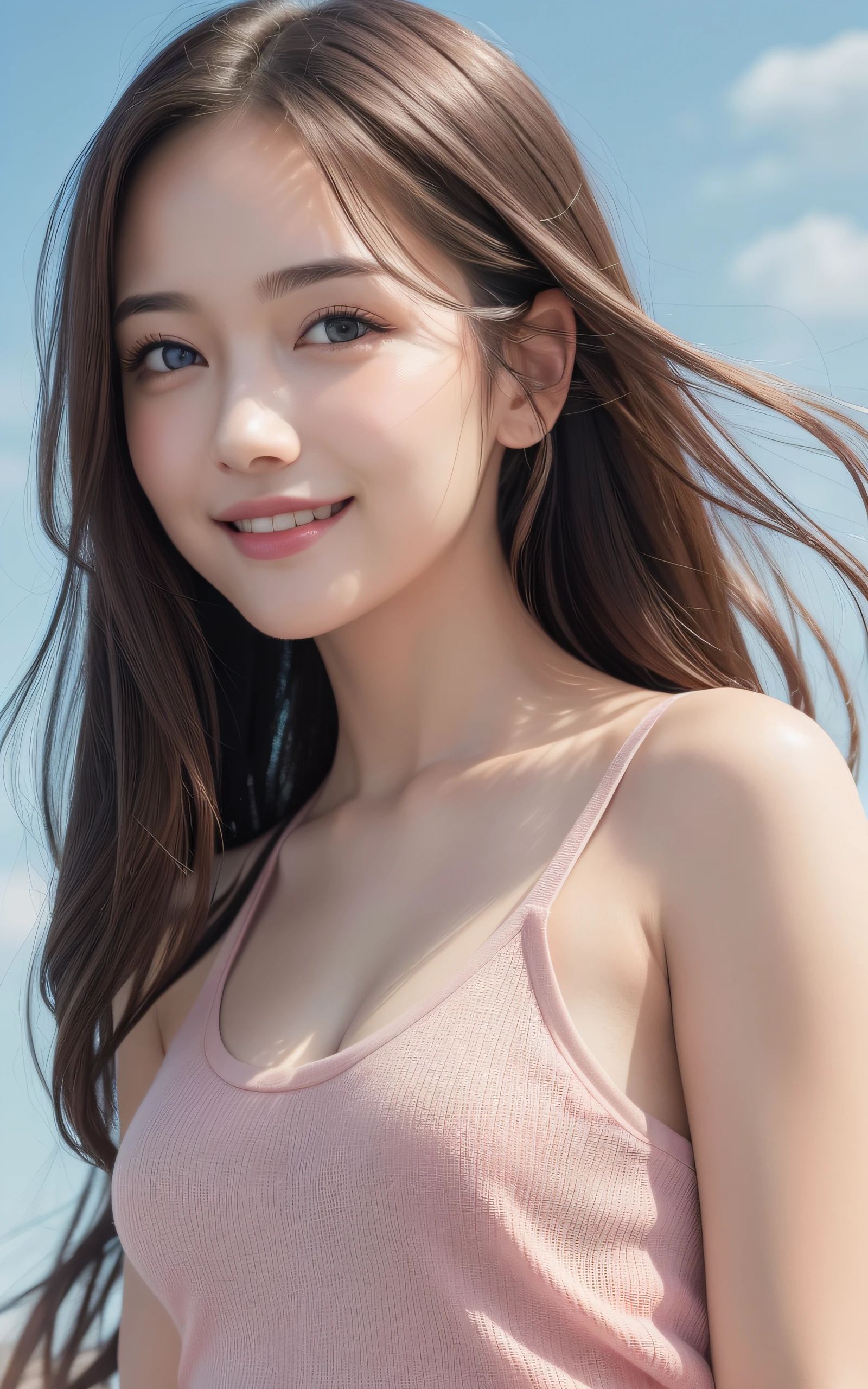 (8k, Best Quality, Masterpiece:1.2), (Realistic, Photorealistic:1.37), Ultra Detail, 1 Girl,Cute,Solo,Beautiful Detailed Sky,Date,(Blush),(Smile:1.15),(Closed Mouth)Small Breasts,Beautiful Detailed Eyes,(Long Hair: 1.2),Floating Hair NovaFrogStyle, Upper Body, Tank Top