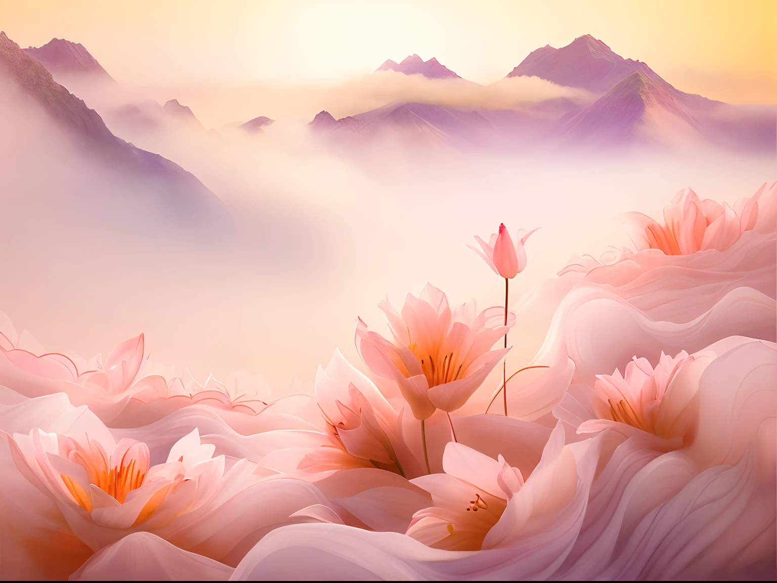 There are many flowers in the middle of the field, mythical floral hills, surreal waiizi flowers, Dreamy landscape, beautiful digital painting, Beautiful art UHD 4 K, ethereal landscape, Gorgeous digital painting, Very Beautiful Digital Art, soft digital painting, Beautiful digital artwork, beautiful digital art, dreamlike digital painting, elegant digital painting, marc adamus