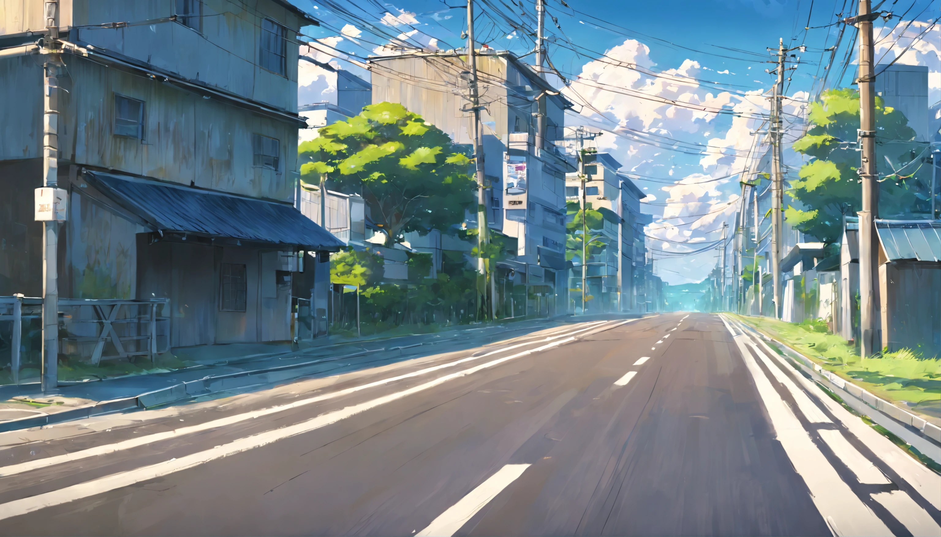 There is a painting of a road with wires and poles, anime countryside landscape, Anime background art, Anime landscape, Highly detailed illustration.”, anime style cityscape, Makoto Shinkai's style, anime backgrounds, Anime landscapes, in the style of makoto shinkai, drawn in anime painter studio, beautiful anime scenery, Anime landscape concept art, low details. Digital painting