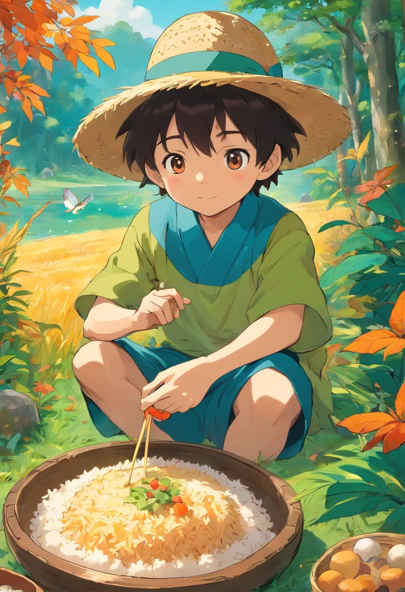 Boy eating rice balls, a straw fedora hat, Quiet autumn garden landscape style、 dragonfly、colorful animation stills, Masami Teraoka, aquamarine, paul gauguin, Embry style, Honest portrayal