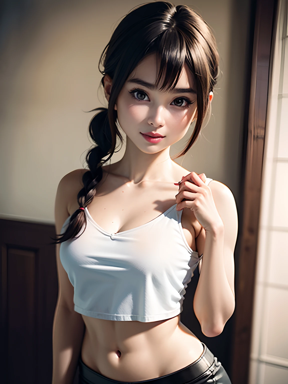 Close up portrait of green-haired woman in white tank top and leather miniskirt, with black braided pigtail, gorgeous model, goddess of Japan,Beautiful belly button、beautiful thigh、Beautiful calves、Beautiful waki、Beautiful、Beautiful ass、 beautiful Girl, real life anime girl, Anime girl cosplay, Traditional beauty, trending at cgstation, Seductive Anime Girl, beautiful goddess, a beautiful fantasy empress, young and cute girl, Good young girl, very beautiful cute catgirl