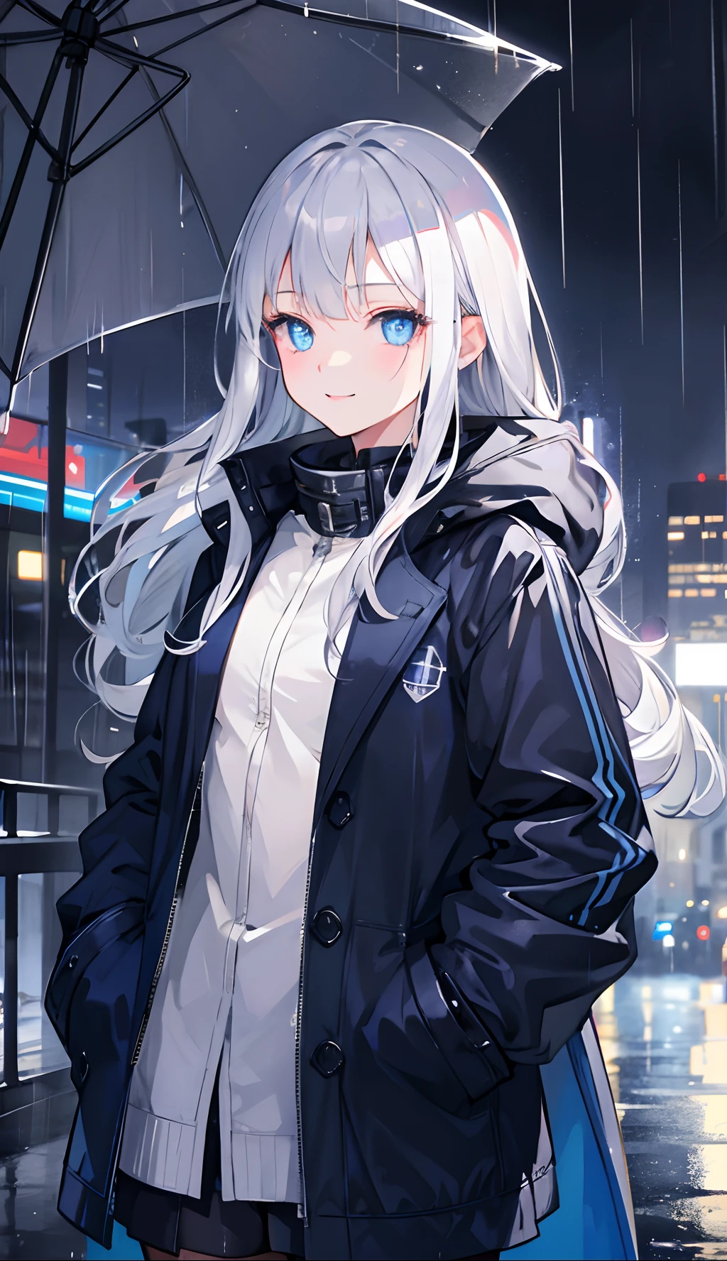 1girl,night city,rain,coat,hands in pockets ,  long silver hair , blue eyes , background detail 2.0 , unrealistic 1.5 , rain detail 1.8, smile face , character detail 2.0