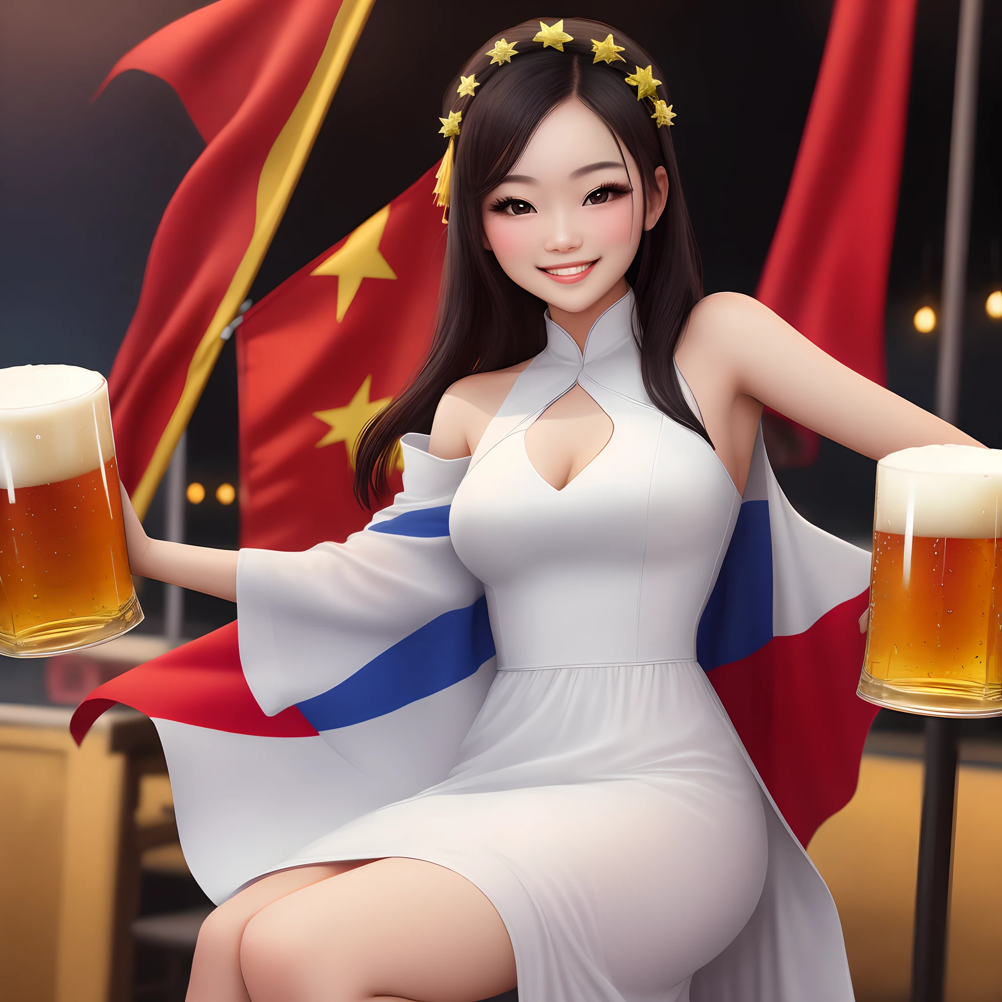 Vietnamese flag and a glass of beer, one yellow star and red background flag on the glass, asean ,sexy, happy, girly ,beautiful, smiling girl, wearing white long dress
