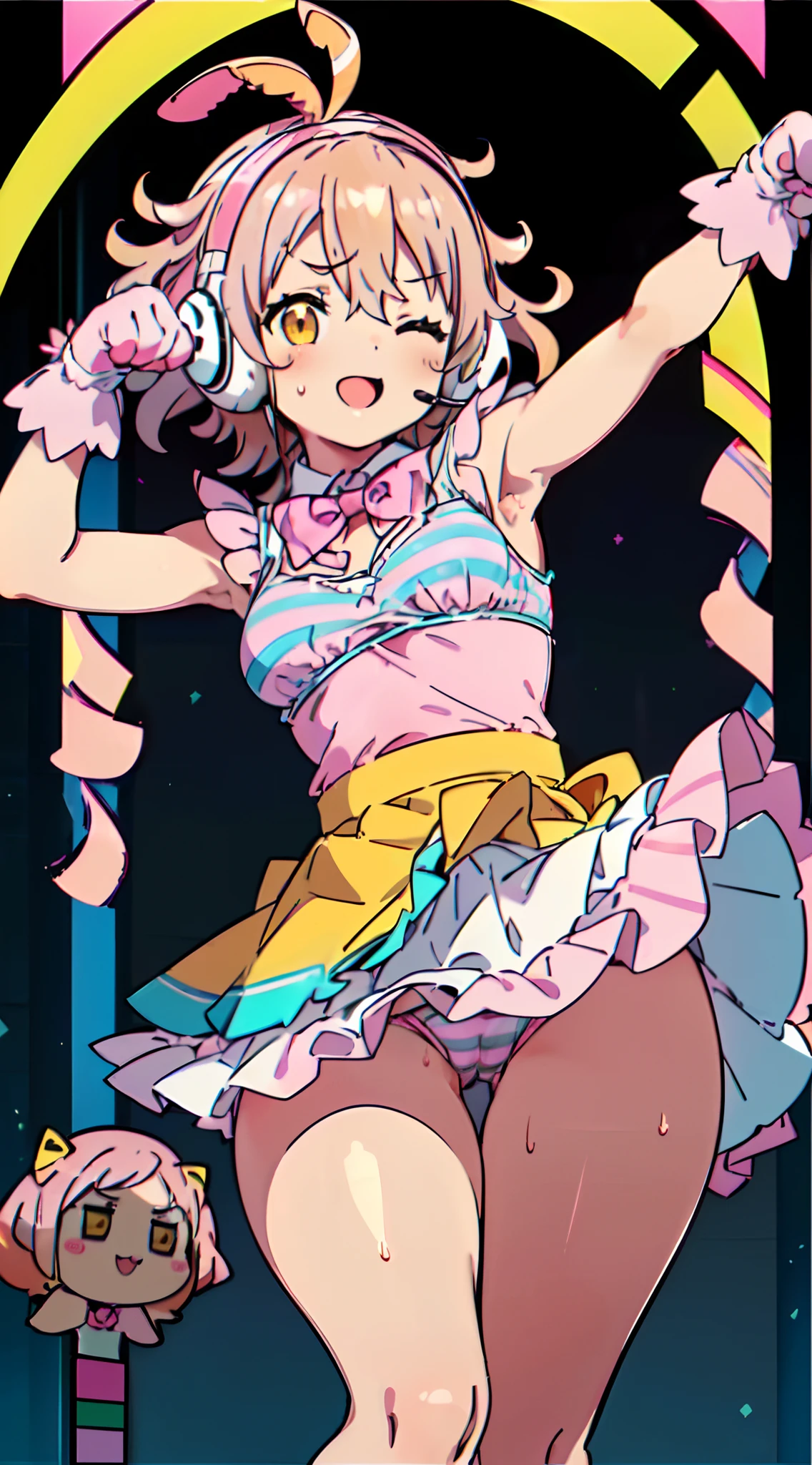 (Perfect body),Best Quality,16 K,(Lori)、((blush)),(Short hair), (((Orange Eyes))),thick thight,((((Pink hair)))),Standing,Sweat,flabbergasted,(((small tits))),Big ass,cowboys_shots,((((Wavy Hair)))),Ahoge,hair clips,(((Light blue striped panties)))、(((pink ruffle skirt))),(((Yellow camisole))),(white knee-socks),(whitegloves),((Big ass)),flat chest、(thick thighs)、blush、is standing,((( short in stature))),((:D)),(((Panchira)))、((((headset on head))),((Nekomimi))、(((Left arm up))),(((((Wink))))),((((PAW Pose)))),(((((Idol))))),((((1girl in)))),(((pink bowtie)))、((Armpit))、((Jumping)),From below,Spread legs