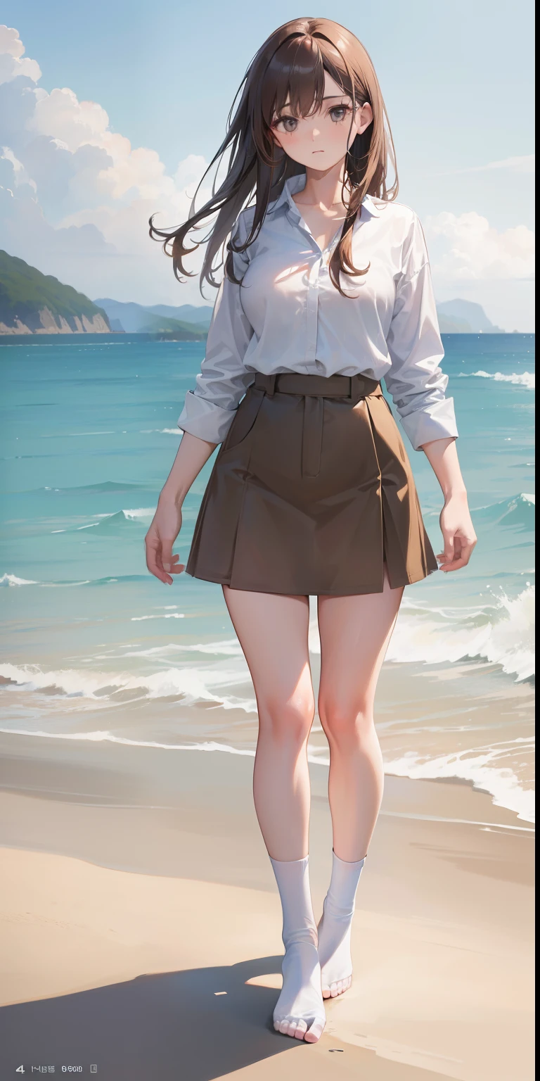 ultra detailed, highres, (realistic, photorealistic: 1.4), 8k, raw photo, (masterpiece), (best quality), physics-based rendering, female college student, long brown hair, Korea, beach, looking, sock, standing, unbuttoned_white_shirt