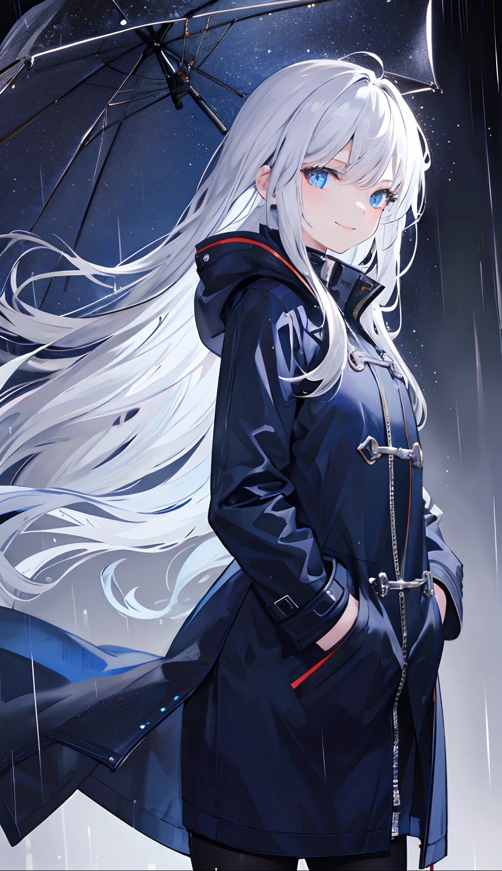 1girl,night city,rain,coat,hands in pockets ,  long silver hair , blue eyes , background detail 2.0 , unrealistic 1.5 , rain detail 1.8, smile face , character detail 2.0