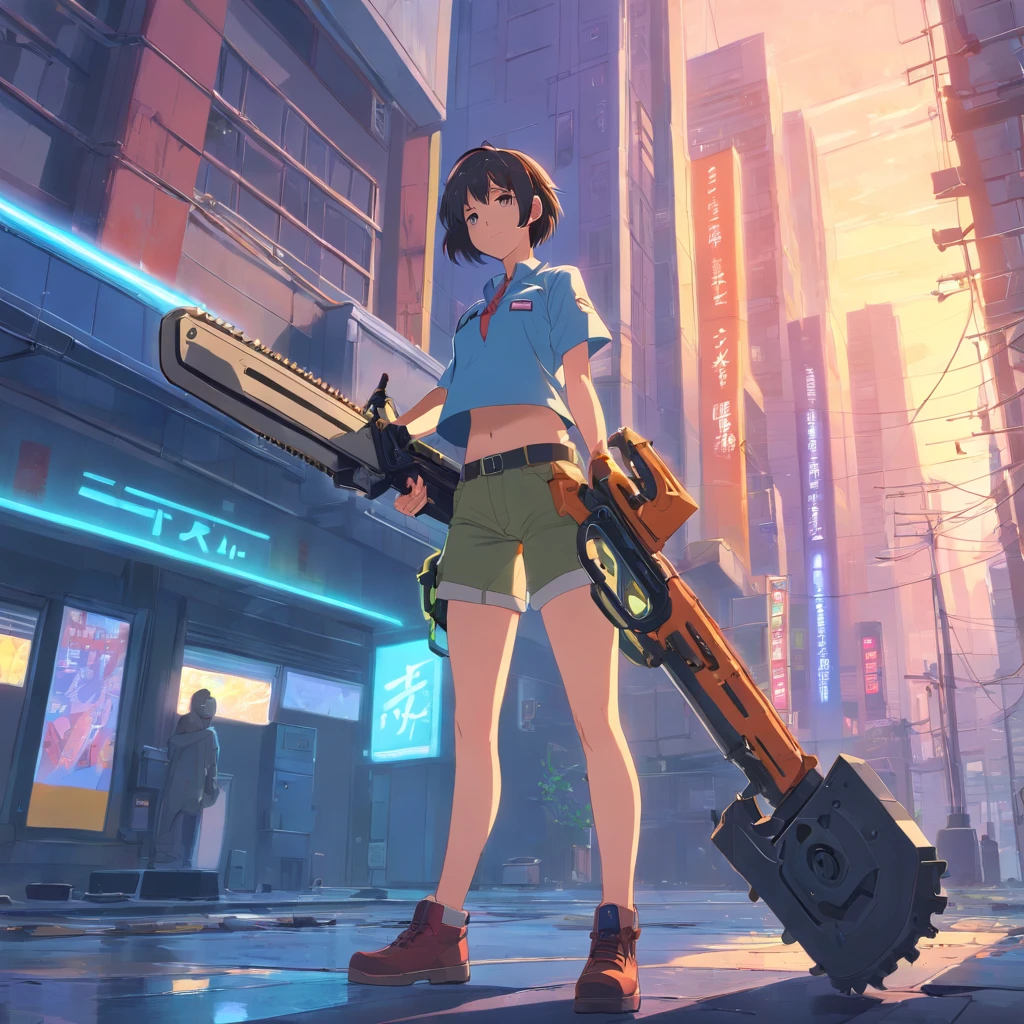 Anime girl with chainsaw and gun in hand, cyberpunk art by Shitao, Pixiv Contest Winner, auto-destructive art, an oppai cyberpunk, Chic, heavy detailed, (SFW) safe for work, heavy looking, biomechanical oppai, giantess art, badass anime 8 K, thicc build, highly detailed giantess shot
