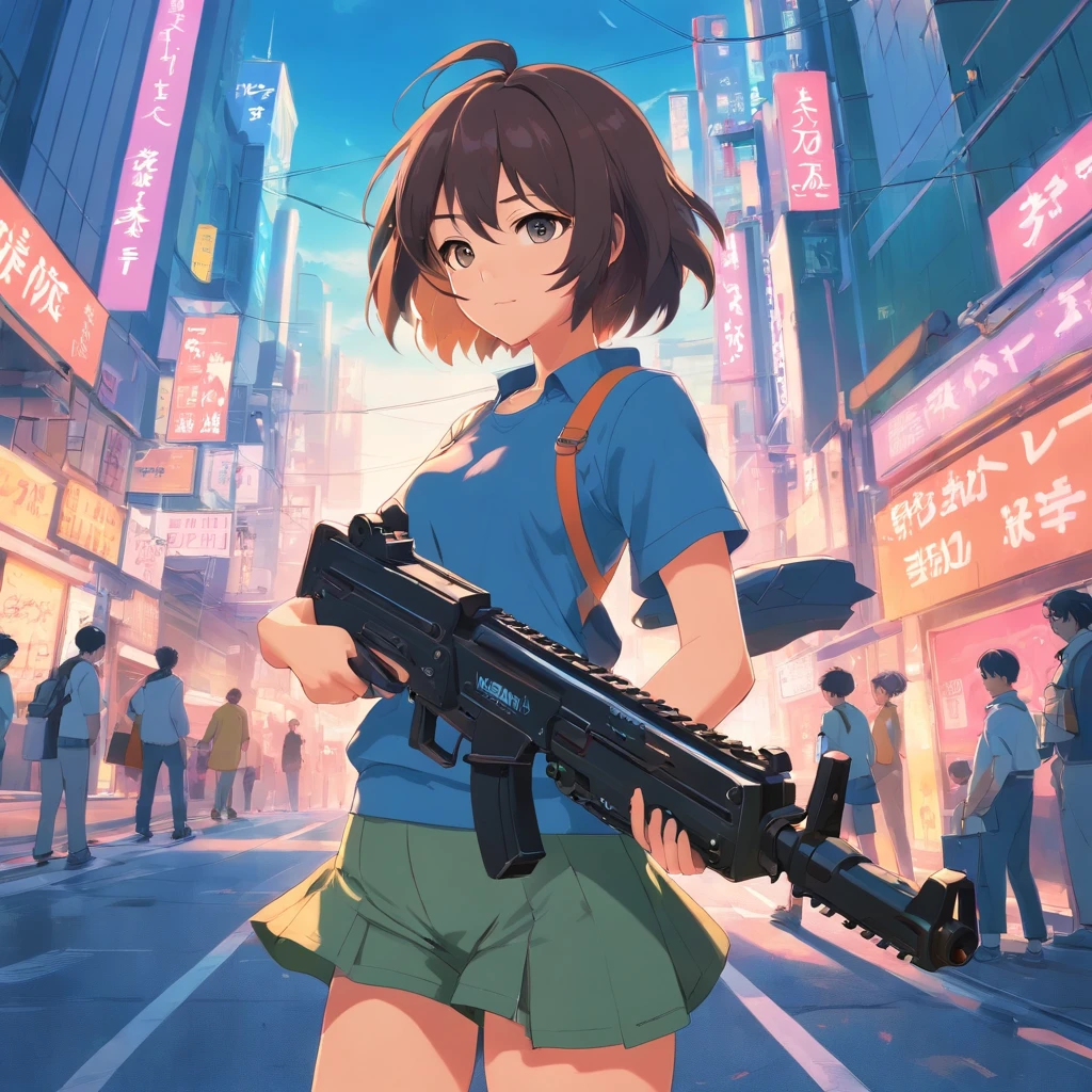 Anime girl with chainsaw and gun in hand, cyberpunk art by Shitao, Pixiv Contest Winner, auto-destructive art, an oppai cyberpunk, Chic, heavy detailed, (SFW) safe for work, heavy looking, biomechanical oppai, giantess art, badass anime 8 K, thicc build, highly detailed giantess shot