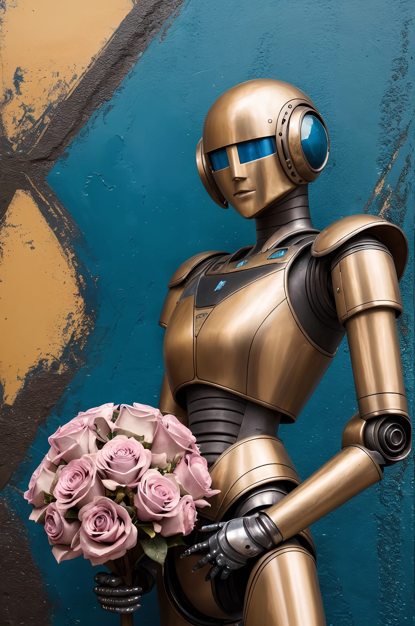 Retro futuristic robot with a rose in his hand, Romantic, a lot of details, Proper anatomy of the body, (Extreme detailing), ((Casey-Weldon style:0.5/Charlie-Bauer:0.5)), ((Impasto painting)) , ((Best Quality, Masterpiece)), ((Perfect anatomy of the body)), (Pink:0,2/blau:0,2/bronze0,2), Patina, grotesque, intricate detials, Raw, HDR