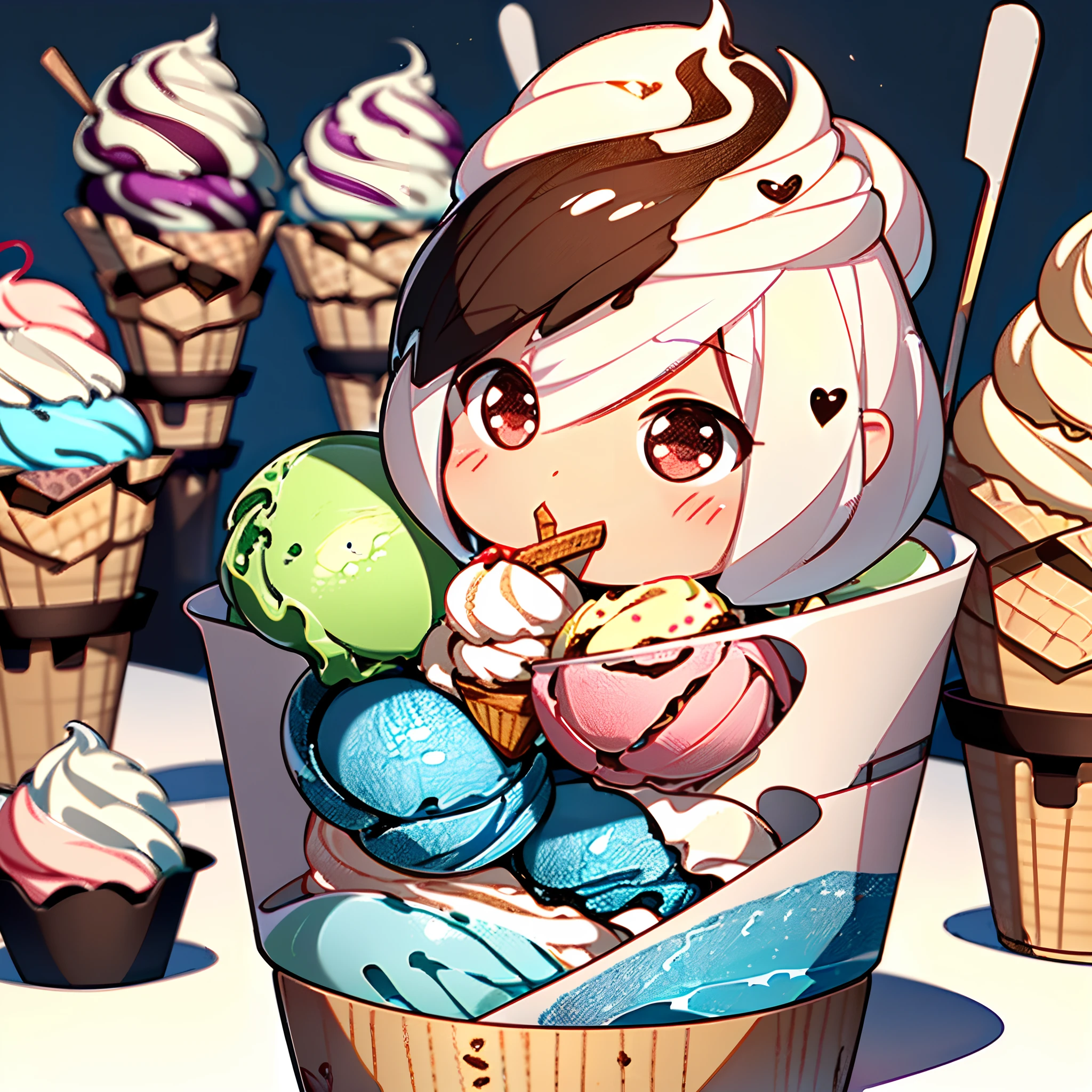 (Precise and unmatched illustrations:1.3), (kawaii, Cute, Tiny, chibi:1.3), (ice cream:1.4), (world made of colorful popping ice cream). (Best Quality), (masutepiece:1.3), Ultra-detailed, The kawaii and cute ice cream was tiny, round, and adorable, causing a congestion of happiness wherever it went.