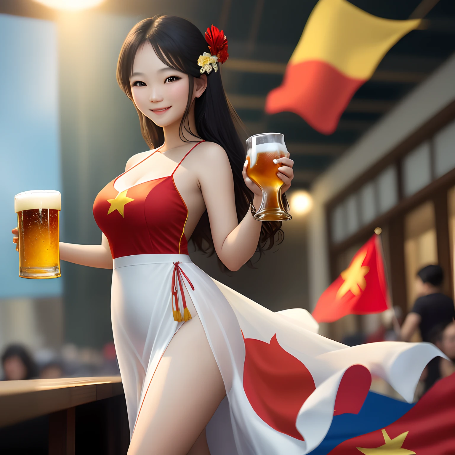 Vietnamese flag and a glass of beer, one yellow star and red background flag on the glass, asean ,sexy, happy, girly ,beautiful, smiling girl, wearing white long dress