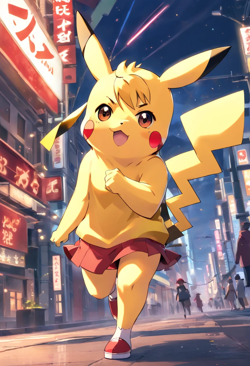 Pikachu is playful and cute,Lively and agile,Yellow soft hairs,Red blush,sparkling big eyes,Cute little pointy ears。(Pikachu:1.5)Girl with yellow hair and short skirt
