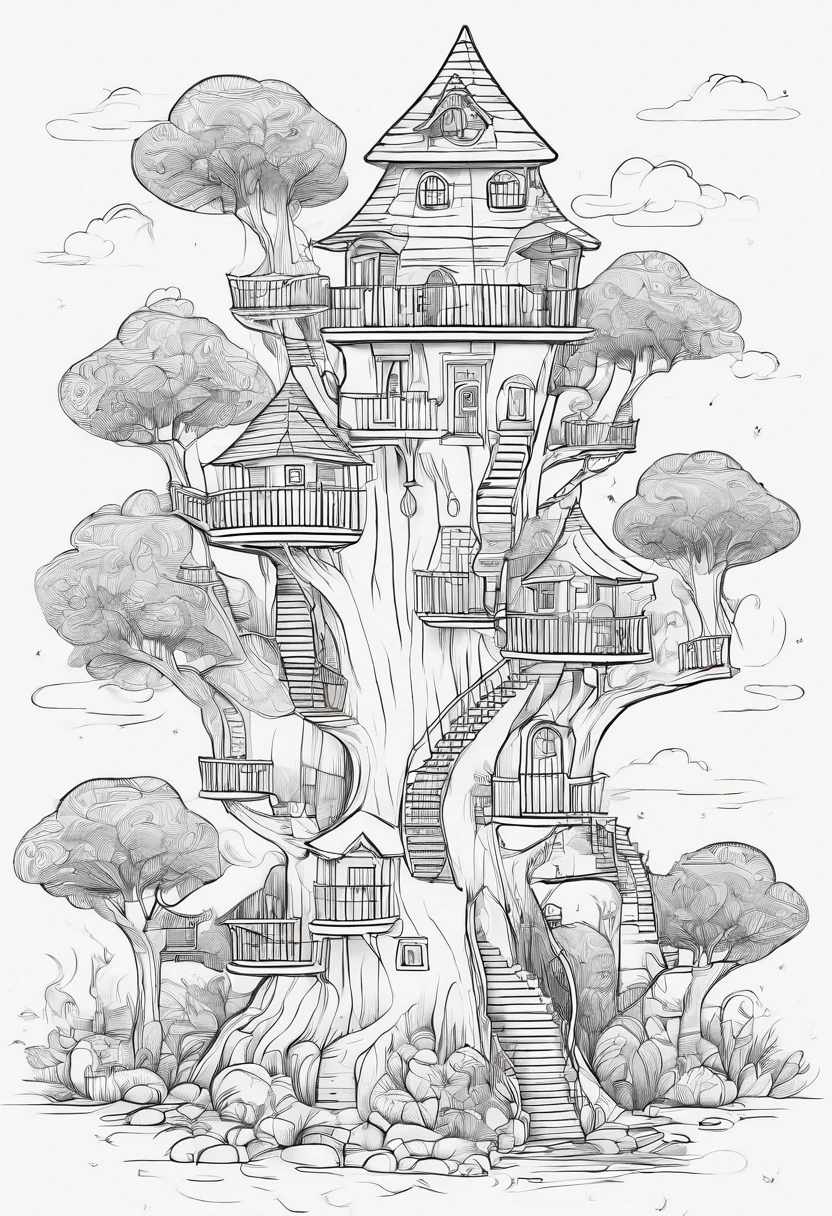 cute , Fairy Treehouses , coloring book , vector , white background , outline