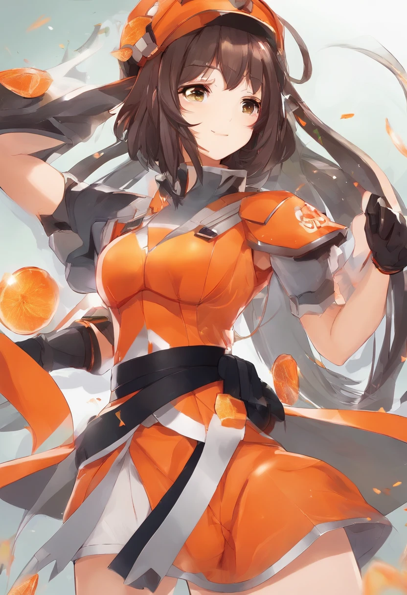 anime girl in a straw hat and who has short dark brown hair and beautiful brown eyes and she is smiling She wears a distinctive straw hat adorned with an orange gem and ribbon, and a small green ribbon accentuates it, Her attire includes an orange top which looks like a super hero iron armor body vest over a white shirt and no ribbons on the orange top, orange super hero iron sweatbands on her arms, an orange skirt with shorts underneath, and a black belt. painted in anime painter studio, digital anime illustration, stylized anime, crisp clear rpg portrait, high quality anime artstyle, anime style portrait, official art, inspired by Li Shida, official character art, clean detailed anime style, portrait knights of zodiac girl, official artwork, made with anime painter studio and also she is doing a super hero pose and she has orange bio electricity radiating out of her make her look like a super hero and she is also shredded