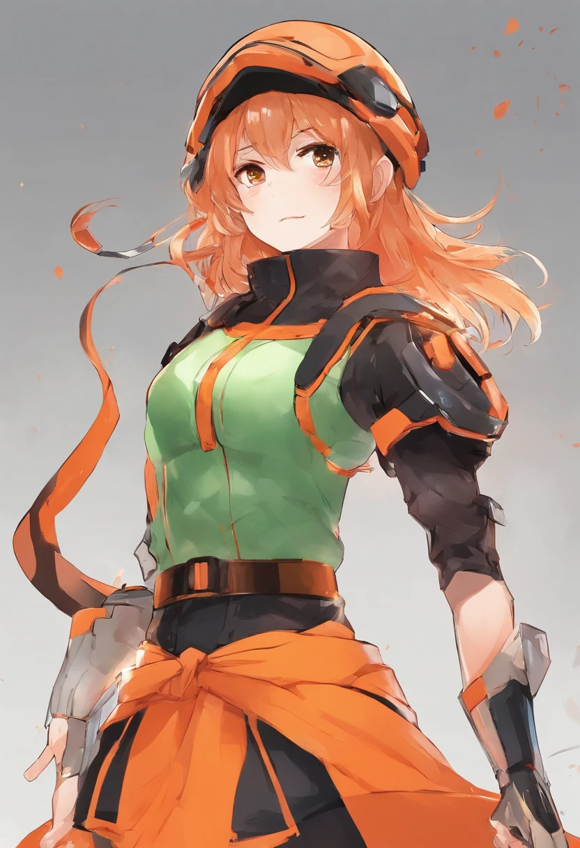 anime girl in a straw hat and who has short dark brown hair and beautiful brown eyes and she is smiling She wears a distinctive straw hat adorned with an orange gem and ribbon, and a small green ribbon accentuates it, Her attire includes an orange top which looks like a super hero iron armor body vest over a white shirt and no ribbons on the orange top, orange super hero iron sweatbands on her arms, an orange skirt with shorts underneath, and a black belt. painted in anime painter studio, digital anime illustration, stylized anime, crisp clear rpg portrait, high quality anime artstyle, anime style portrait, official art, inspired by Li Shida, official character art, clean detailed anime style, portrait knights of zodiac girl, official artwork, made with anime painter studio and also she is doing a super hero pose and she has orange bio electricity radiating out of her make her look like a super hero and she is also shredded