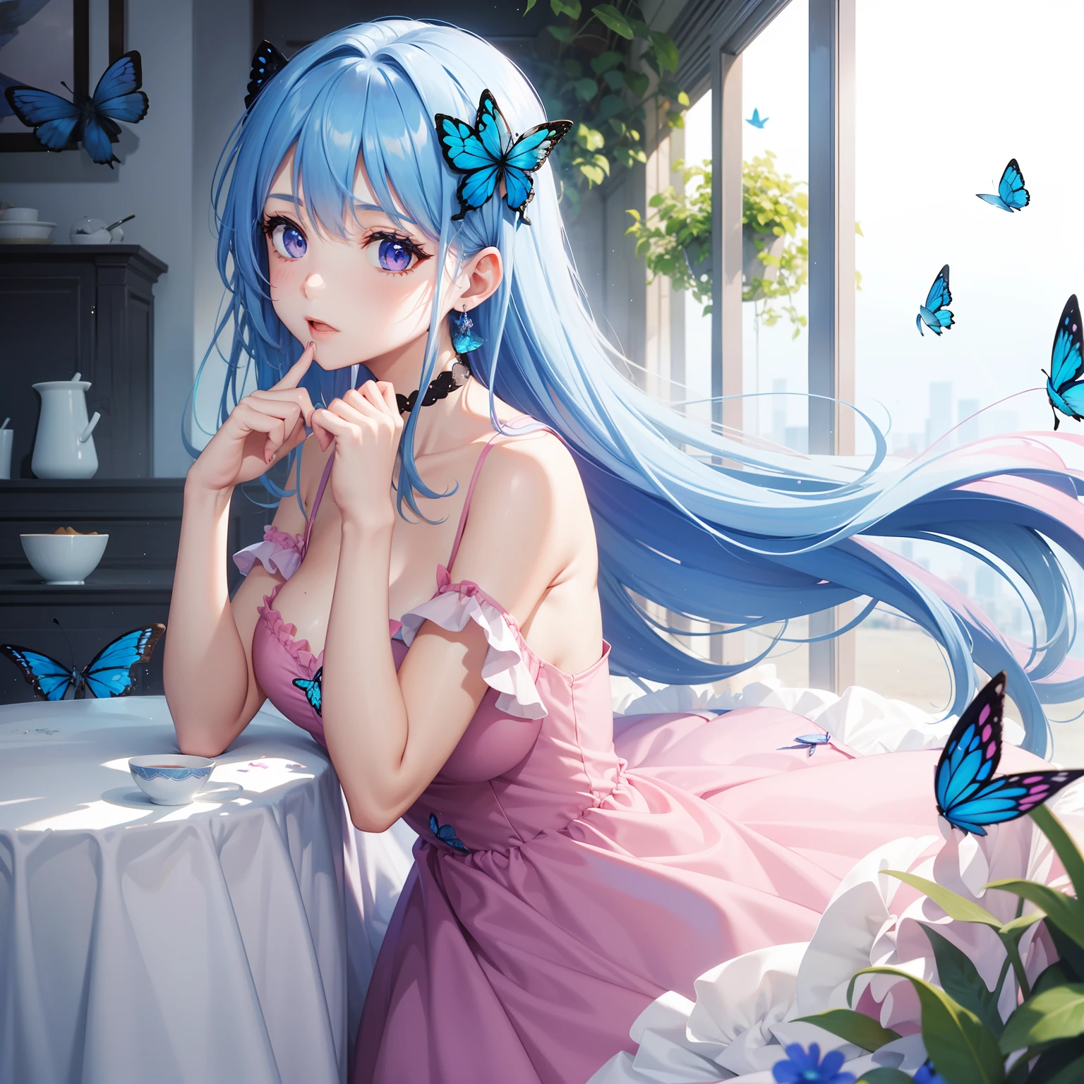 a women, blue butterfly, blue hair, pink eyes, pink dress