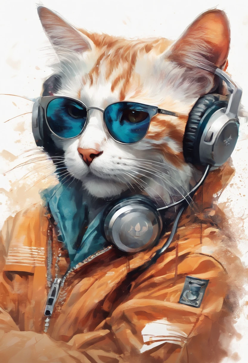 Perfect centering, Cute cat, Wear a student team jacket, Wearing sunglasses, Wearing headphones, cheerfulness, Standing position, Abstract beauty, Centered, Looking at the camera, Facing the camera, nearing perfection, Dynamic, Highly detailed, smooth, Sharp focus, 8K, high definition resolution, illustration, Art by Carne Griffiths and Wadim Kashin, White background