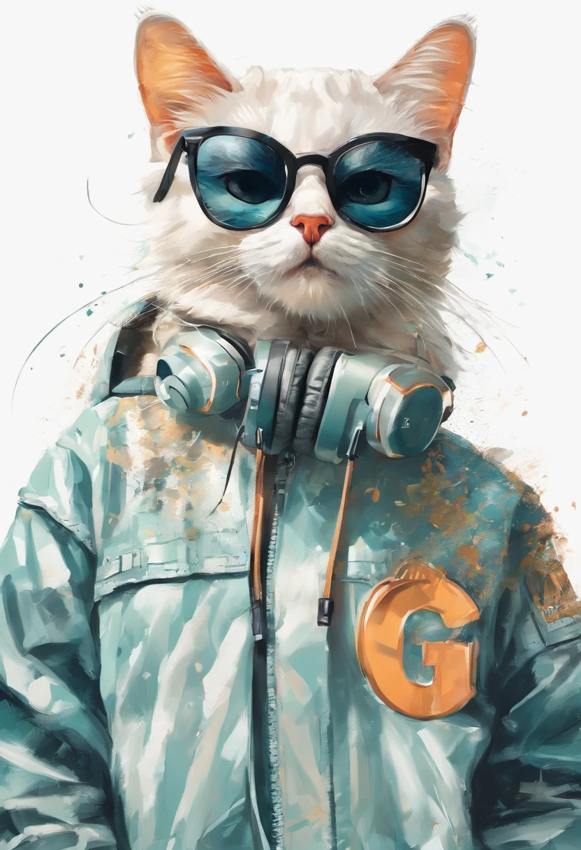 Perfect centering, Cute cat, Wear a student team jacket, Wearing sunglasses, Wearing headphones, cheerfulness, Standing position, Abstract beauty, Centered, Looking at the camera, Facing the camera, nearing perfection, Dynamic, Highly detailed, smooth, Sharp focus, 8K, high definition resolution, illustration, Art by Carne Griffiths and Wadim Kashin, White background