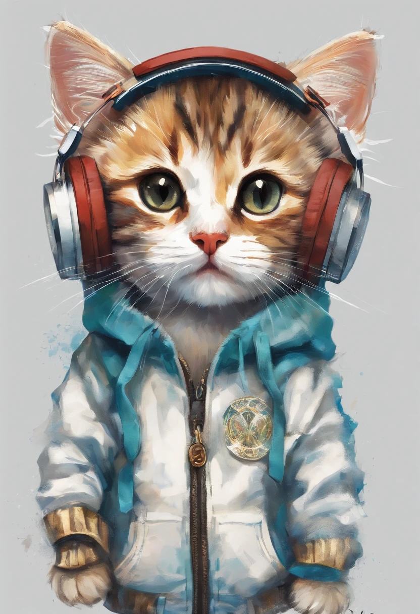 Perfect centering, Cute cat, Wear a student team jacket, Wearing sunglasses, Wearing headphones, cheerfulness, Standing position, Abstract beauty, Centered, Looking at the camera, Facing the camera, nearing perfection, Dynamic, Highly detailed, smooth, Sharp focus, 8K, high definition resolution, illustration, Art by Carne Griffiths and Wadim Kashin, White background