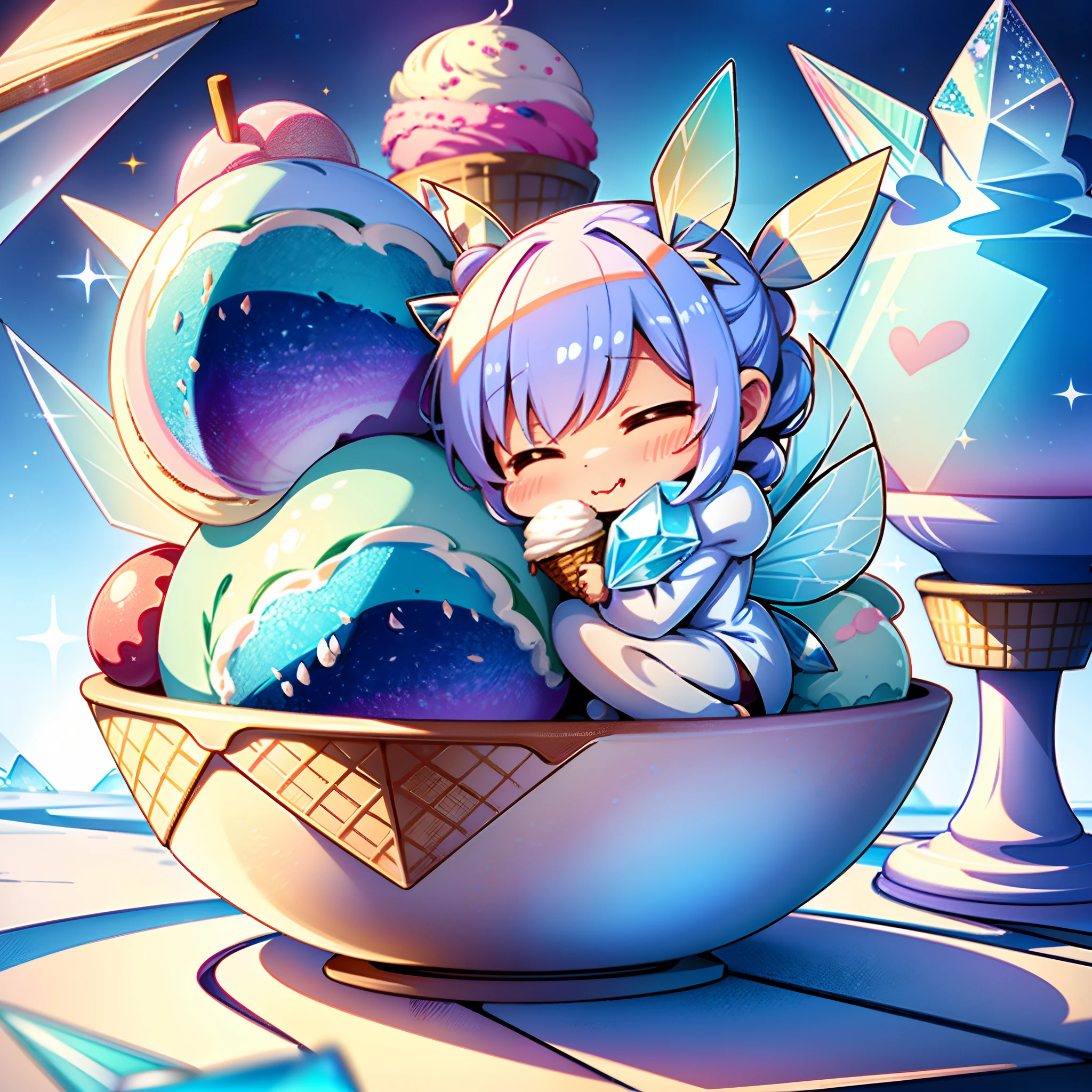 (Precise and unmatched illustrations:1.3), (1girl:1.3), (ice cream:1.4), (Fairies eating big ice cream:1.2), (kawaii, Cute, Tiny, chibi:1.3), (wearing Fairy wings of crystal-clear ice material:1.5), (dress), BREAK,(world made of colorful popping ice cream). (Best Quality), (masutepiece:1.3), Ultra-detailed, The kawaii and cute ice cream was tiny, round, and adorable, causing a congestion of happiness wherever it went. A world made of colorful, popping ice cream.