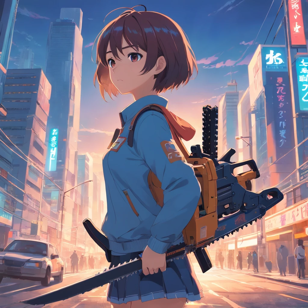 Anime girl with chainsaw and gun in hand, cyberpunk art by Shitao, Pixiv Contest Winner, auto-destructive art, an oppai cyberpunk, Chic, heavy detailed, (SFW) safe for work, heavy looking, biomechanical oppai, giantess art, badass anime 8 K, thicc build, highly detailed giantess shot