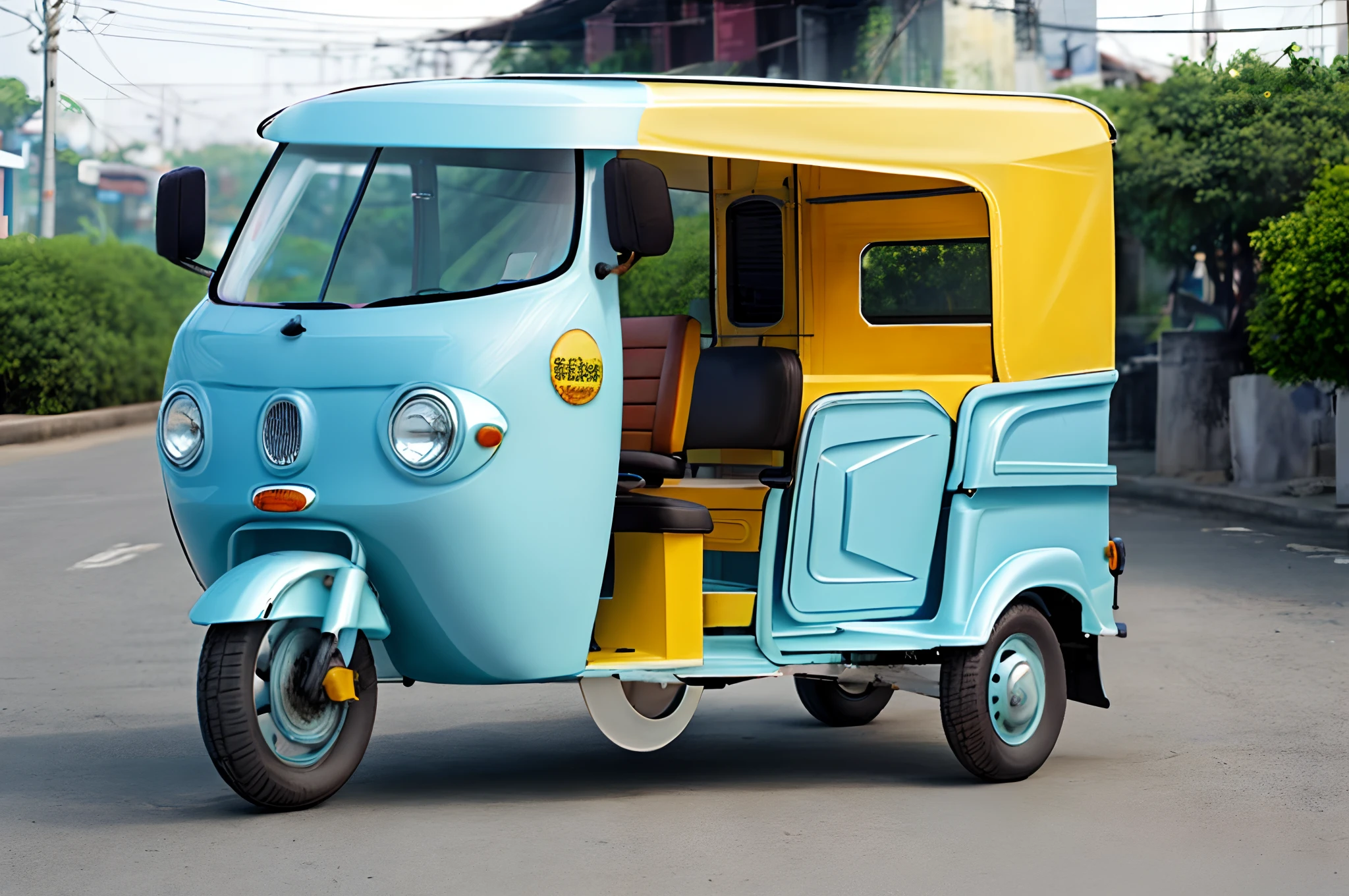 Three-wheeled tuk-tuk，White car paint shape，Rich shapes，Overall roundness，Drive on the streets of Cambodia。