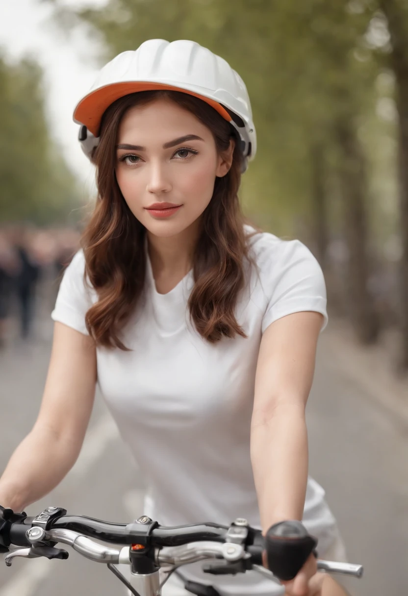 Maximum image quality, outstanding detail, ultra-high resolution (realism: 1.4) Best illustrations, favorite details, highly condensed 1girl with delicate and beautiful face, wearing white and orange sports wearing hat, holding directional controller, riding a bicycle, background is a high-tech light scene of futuristic city,mountain bike,runner suit,wet with sweat.
