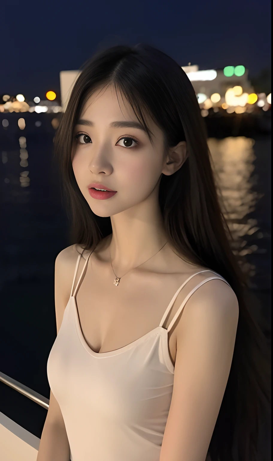 （Original photo of 8K，best qualtiy，tmasterpiece：1.2），（Medium view），the night，Night on a yacht，Sea and night view in the background，best qualtiy，tmasterpiece，（Small mouth：1.2），short- sleeved，short- sleeved，short- sleeved，short- sleeved，an extremely delicate and beautiful one，，astounding，finely detailled，tmasterpiece，Best quality at best，（age 22：1.2），Narrow waist，Slim，is shy，Pure，adolable，Bushy hair，Soft hair，big breasts beautiful，A detailed eye，（long whitr hair：1.2）