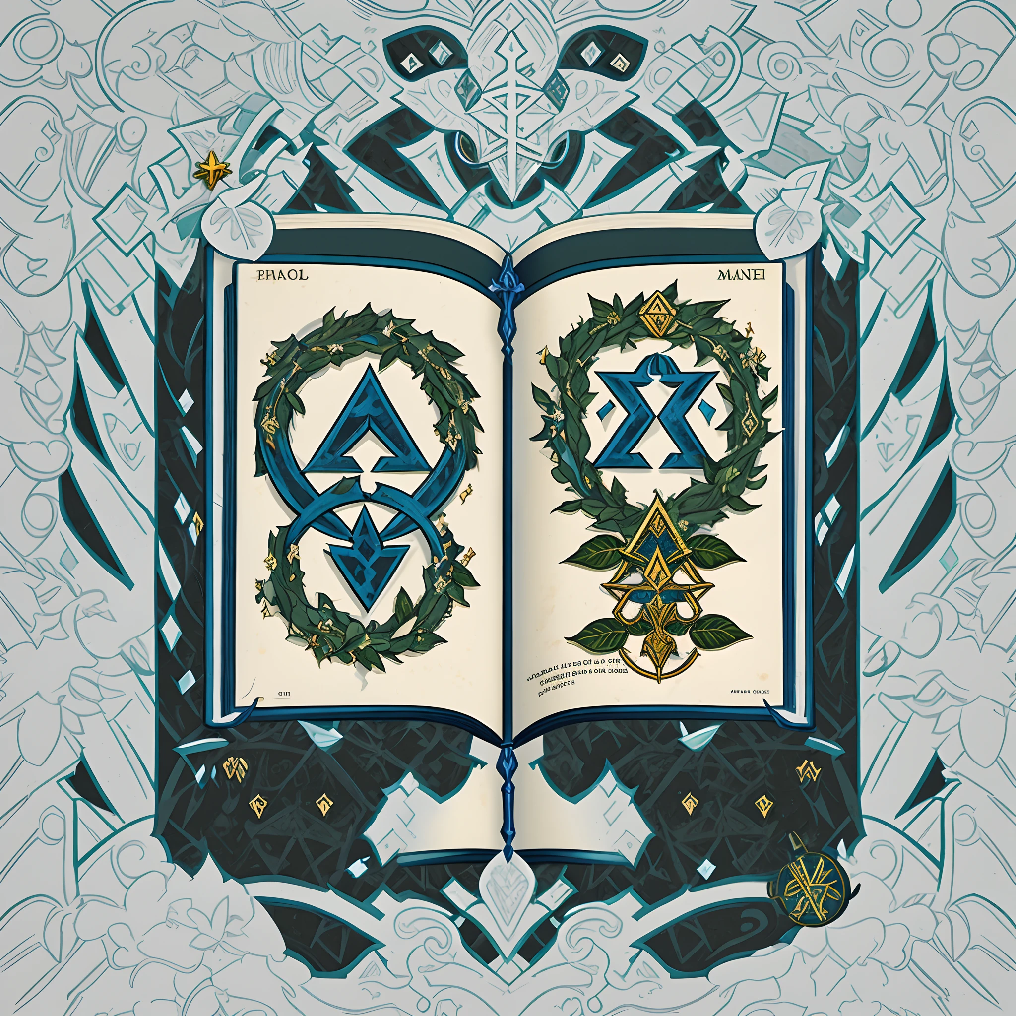 a book in a wreath of leaves with a book open, emblem, emblem of knowledge, hex symbols, hex magic, emblem of magic, an open book, encyclopedia illustration, big open book, open book page, textbook illustration in clolour, open books, in laurel wreath, big opened book, detailed book illustration, exlibris, emblem of wisdom, scholar, high school badge, bible illustration, medieval book illustration, has a laurel wreath, hd illustration, high quality art, high quality photo, world of warcraft spell icon, ancient symbol behind it, imperial symbol, sojourn from overwatch, fantasy game spell symbol, fantasy game spell icon, rating: general, symbol, elitedangerous 💙💜 ornate ︎, genshin impact, rating:g, quest marker, infinity glyph, [epic, symmetrical logo], ancient symbol behind it, rune-engraved armor, simple shading, raziel irl, infinity glyph